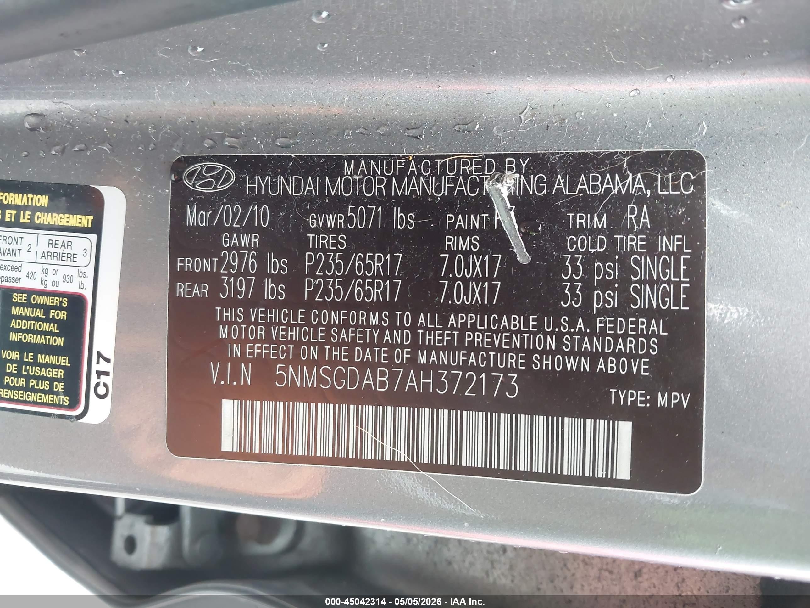 2010 Hyundai Santa Fe Gls Gray vin: 5NMSGDAB7AH372173