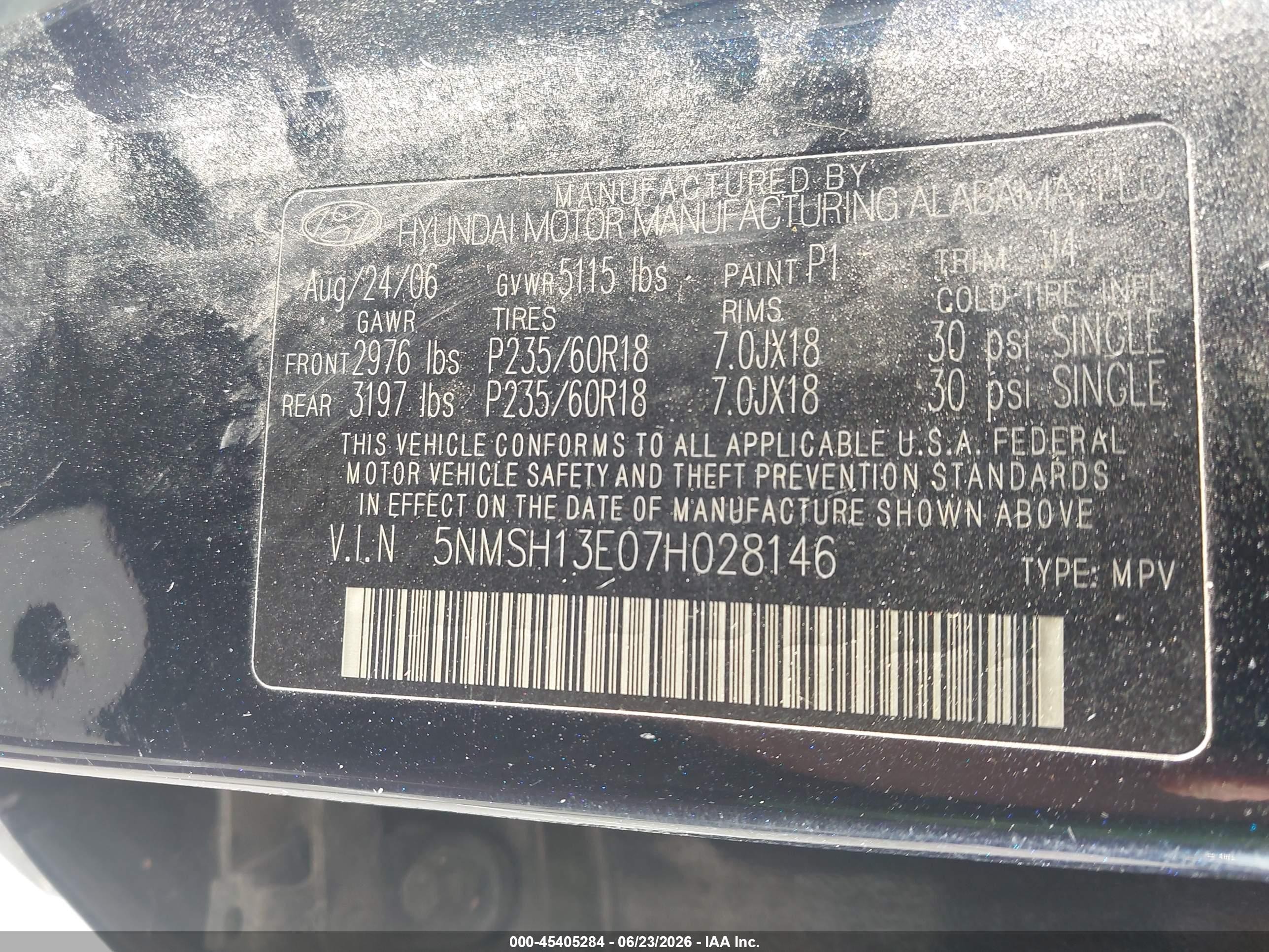 2007 Hyundai Santa Fe Limited/se Black vin: 5NMSH13E07H028146