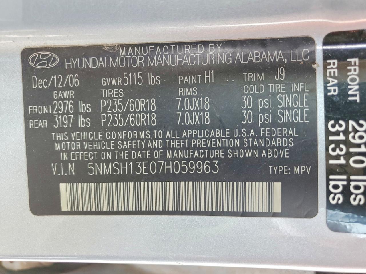 2007 Hyundai Santa Fe Se Blue vin: 5NMSH13E07H059963