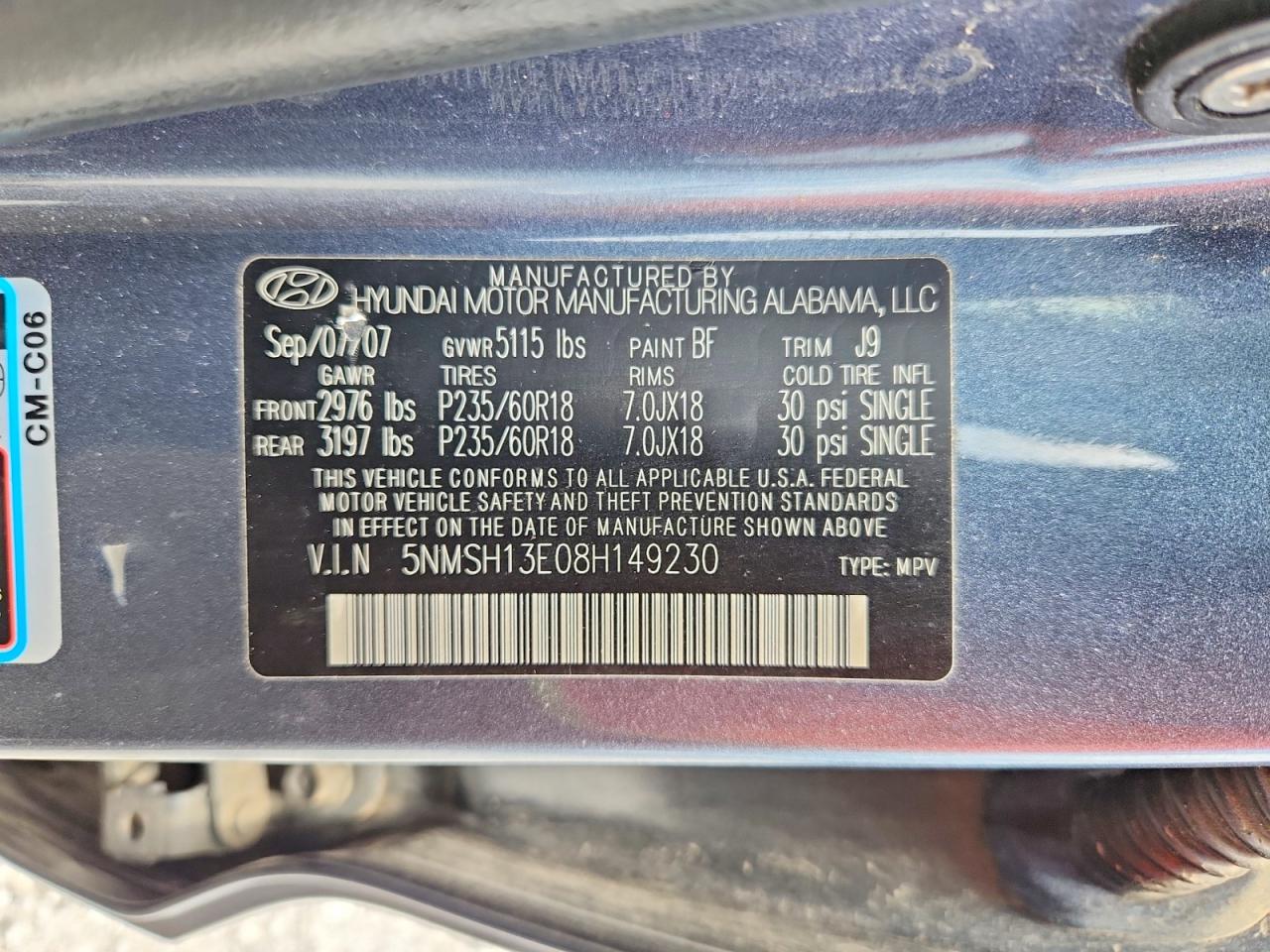 2008 Hyundai Santa Fe Se Blue vin: 5NMSH13E08H149230