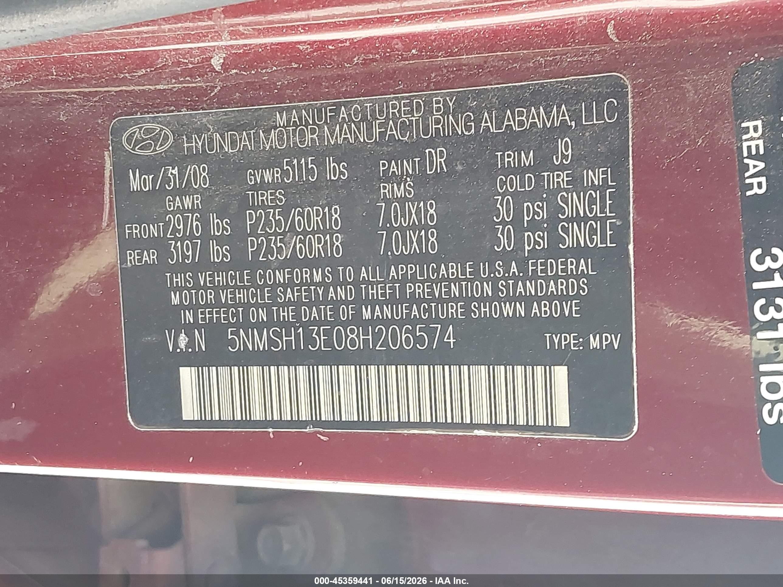 2008 Hyundai Santa Fe Limited/se Red vin: 5NMSH13E08H206574
