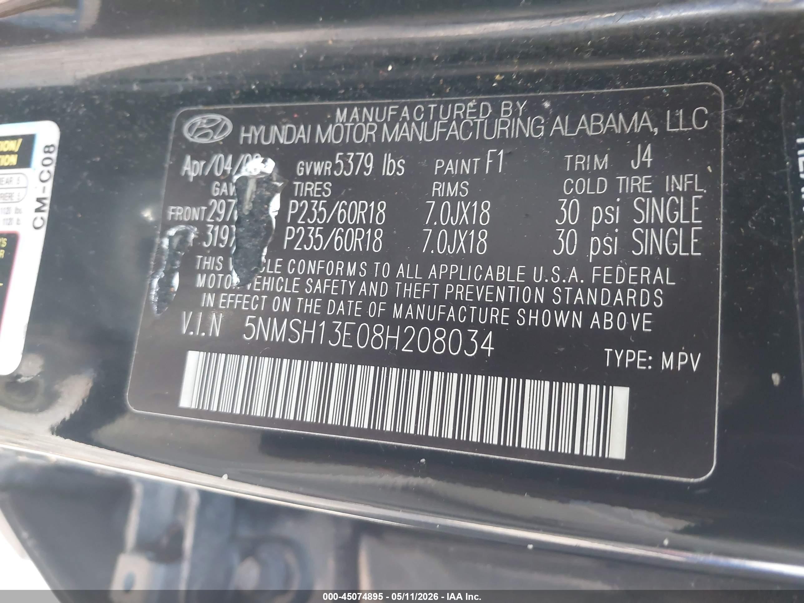 2008 Hyundai Santa Fe Limited/se Black vin: 5NMSH13E08H208034
