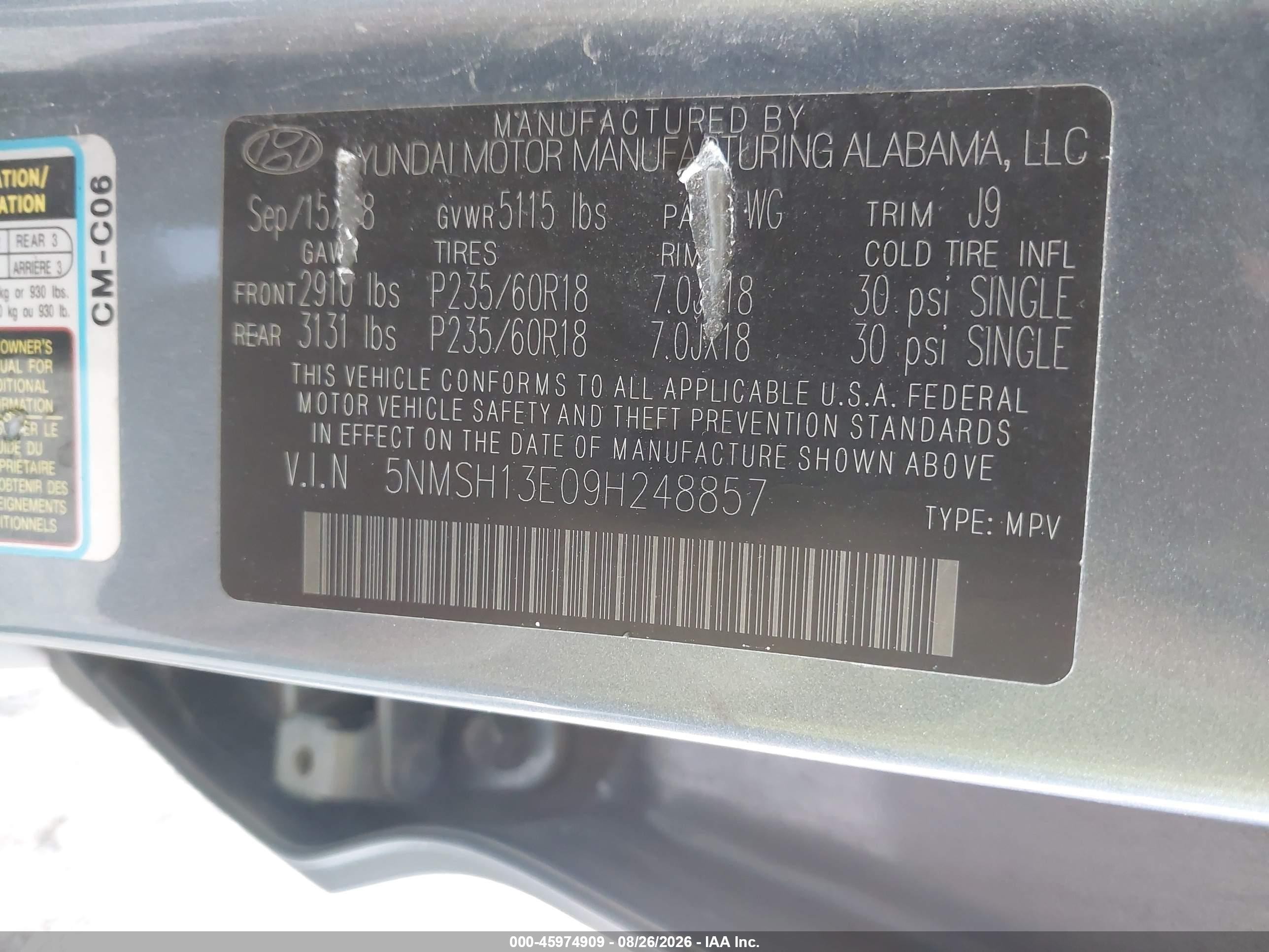 2009 Hyundai Santa Fe Limited Синий vin: 5NMSH13E09H248857