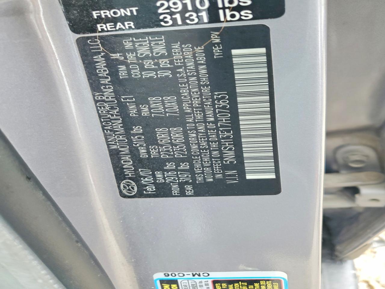 2007 Hyundai Santa Fe Se Silver vin: 5NMSH13E17H073631