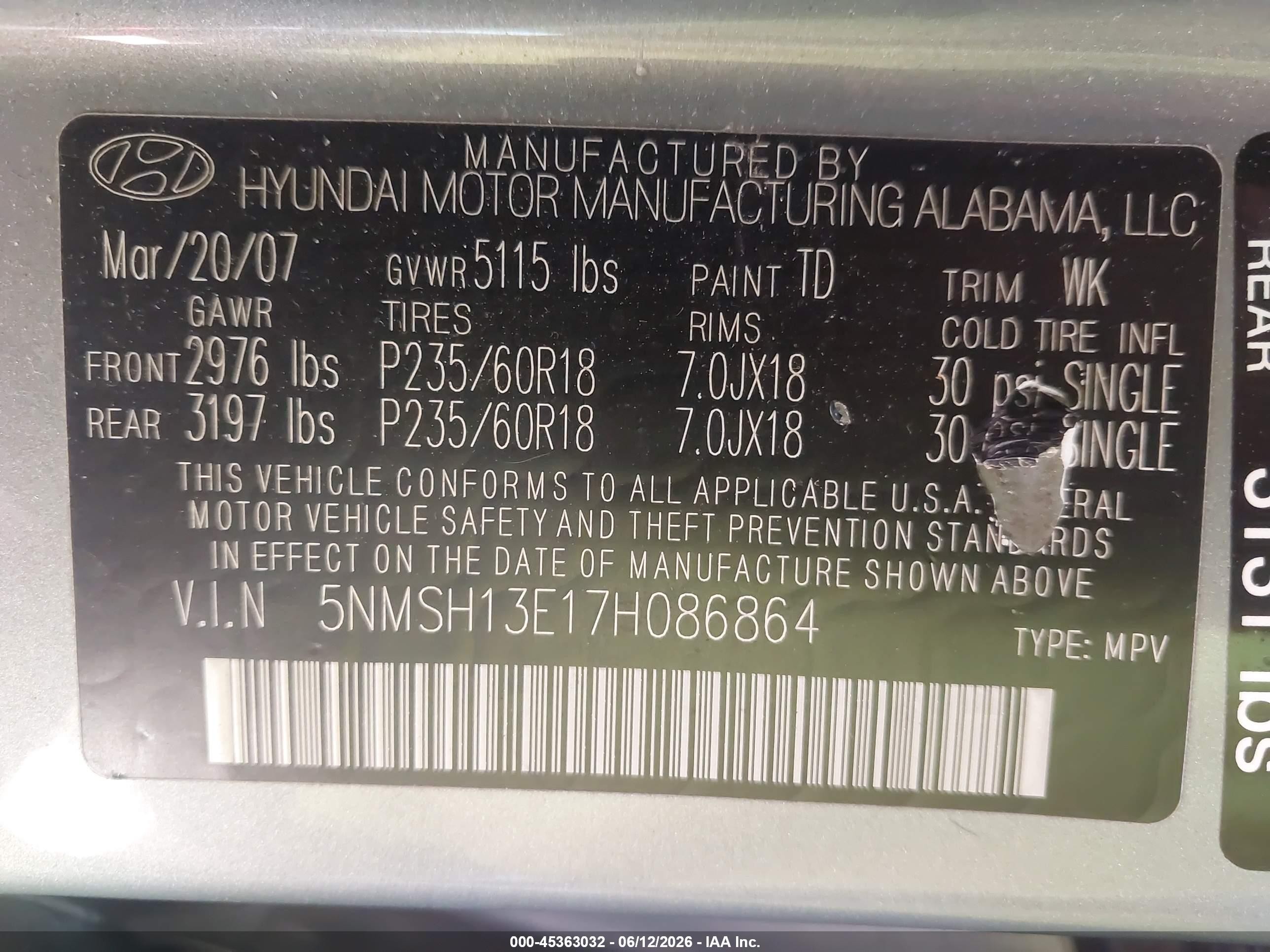 2007 Hyundai Santa Fe Limited/se Light Blue vin: 5NMSH13E17H086864
