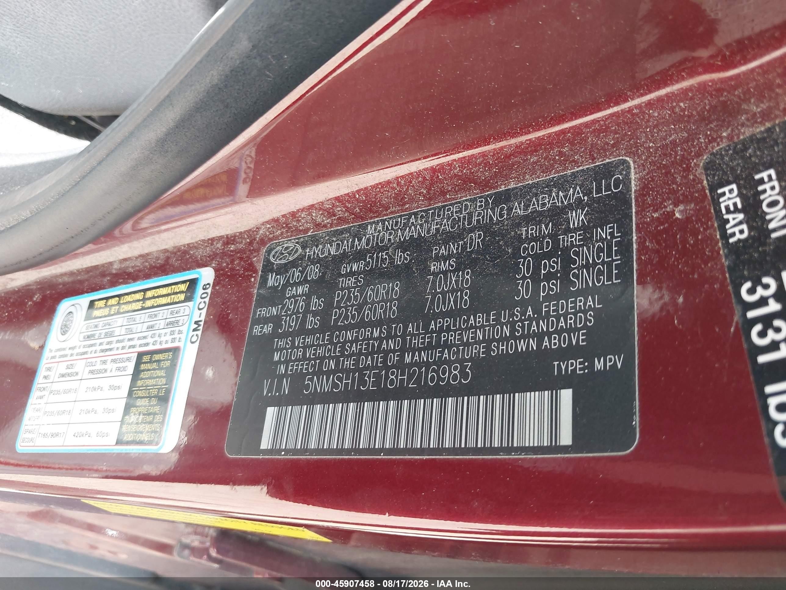2008 Hyundai Santa Fe Limited/se Burgundy vin: 5NMSH13E18H216983
