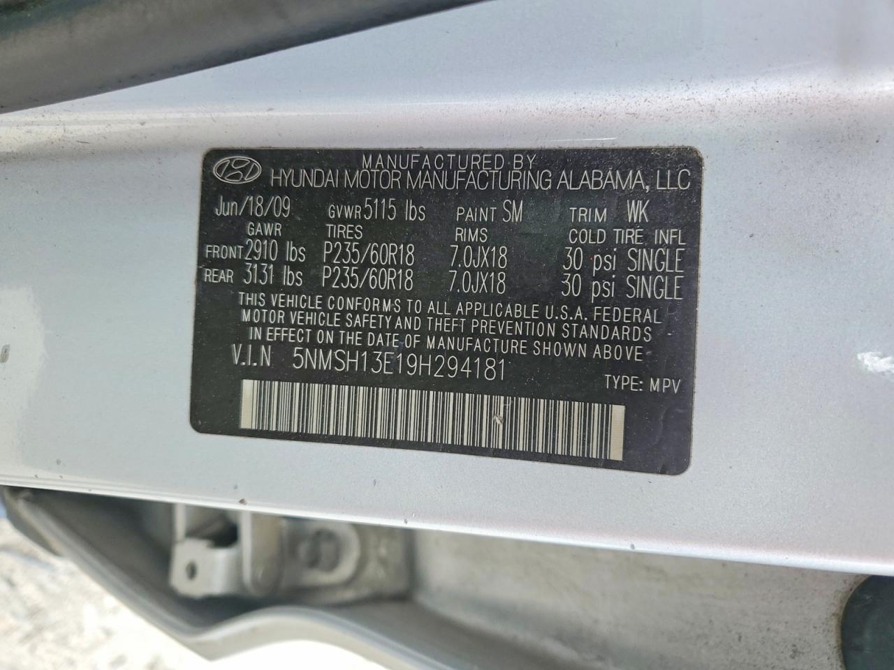 2009 Hyundai Santa Fe Limited Silver vin: 5NMSH13E19H294181