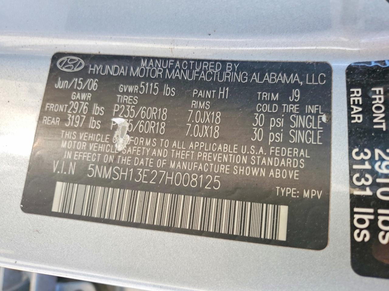 2007 Hyundai Santa Fe Se Blue vin: 5NMSH13E27H008125