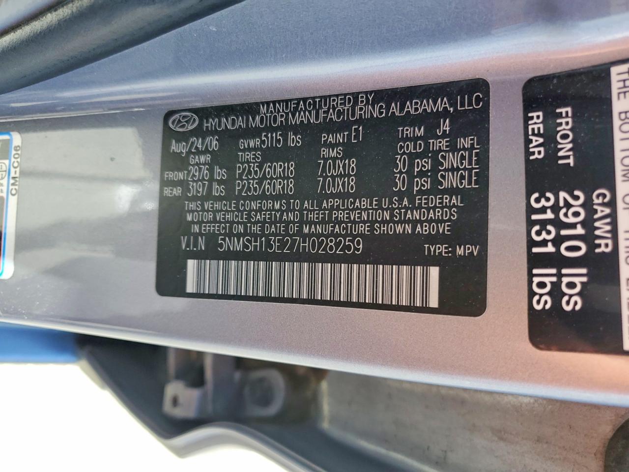 2007 Hyundai Santa Fe Se Silver vin: 5NMSH13E27H028259