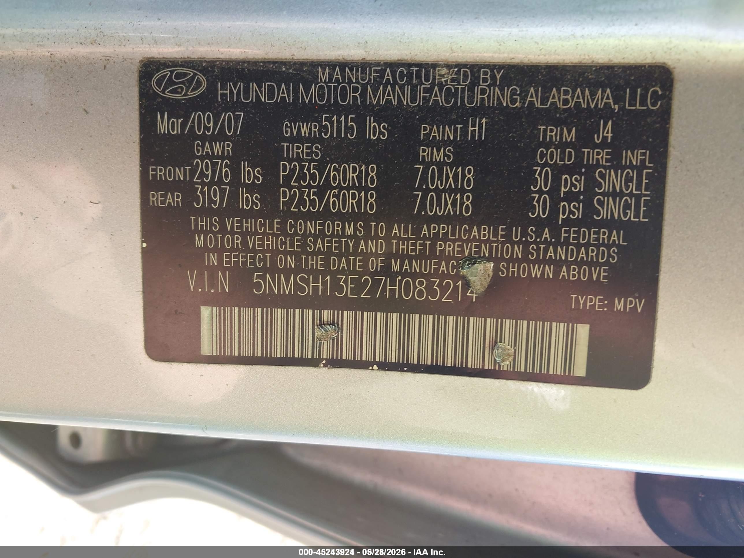 2007 Hyundai Santa Fe Limited/se Blue vin: 5NMSH13E27H083214