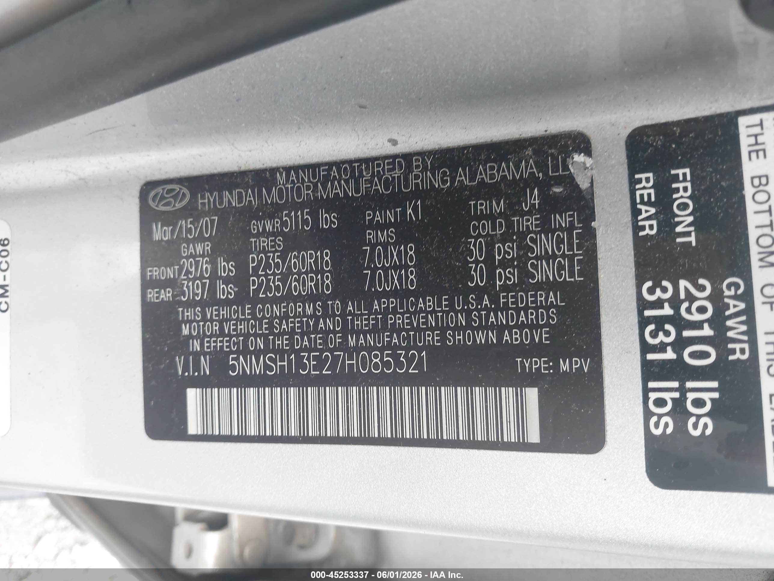 2007 Hyundai Santa Fe Limited/se Silver vin: 5NMSH13E27H085321