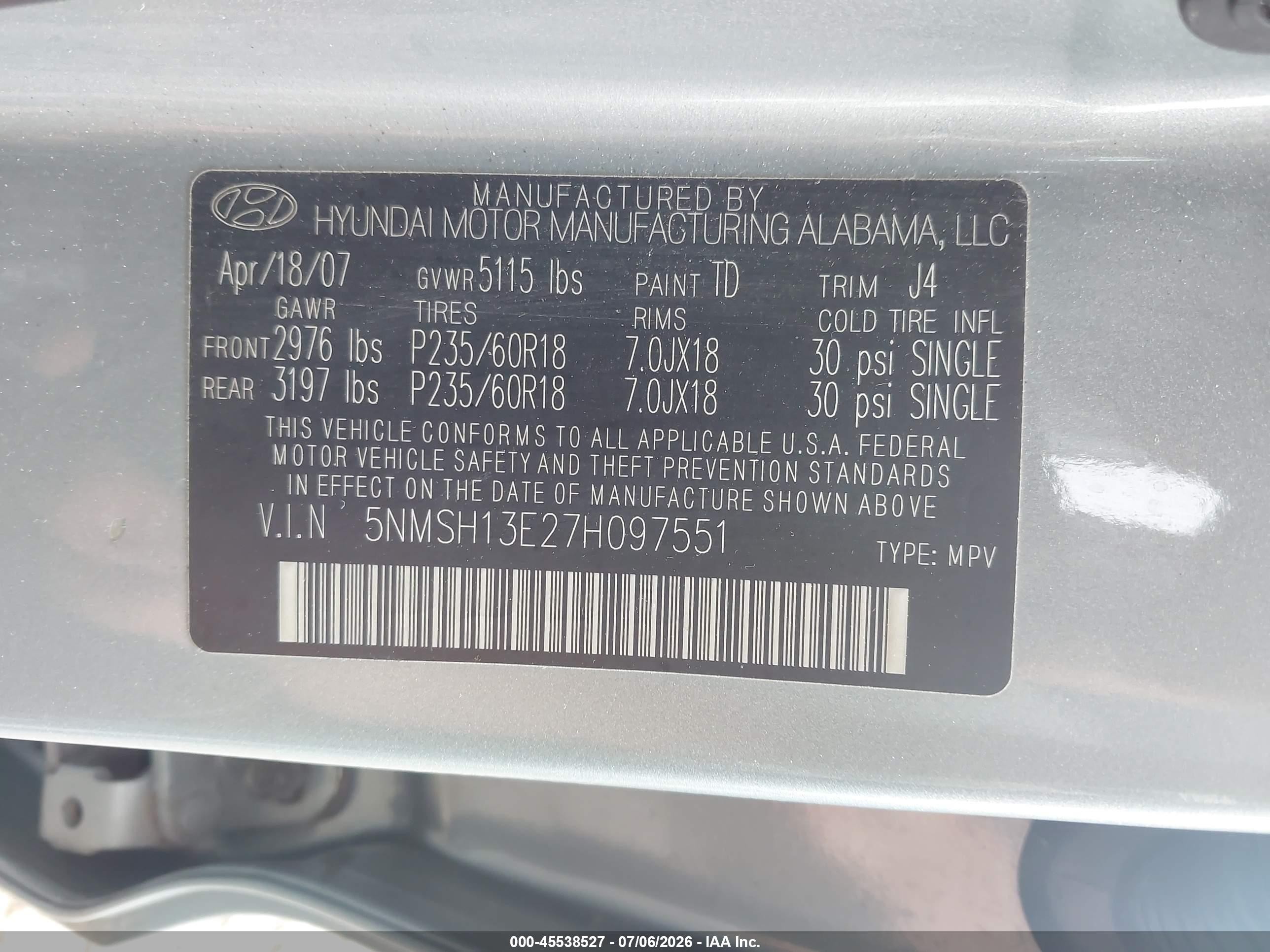 2007 Hyundai Santa Fe Limited/se Серебряный vin: 5NMSH13E27H097551