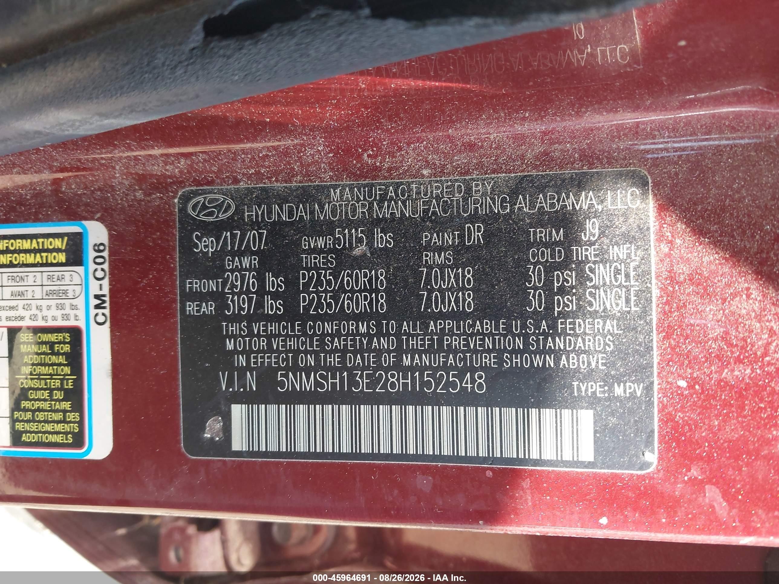 2008 Hyundai Santa Fe Limited/se Maroon vin: 5NMSH13E28H152548