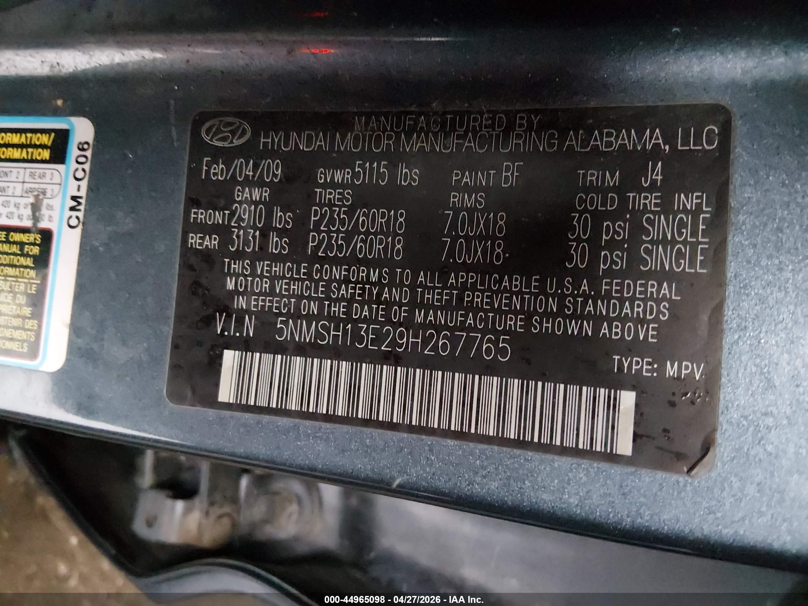 2009 Hyundai Santa Fe Se Blue vin: 5NMSH13E29H267765