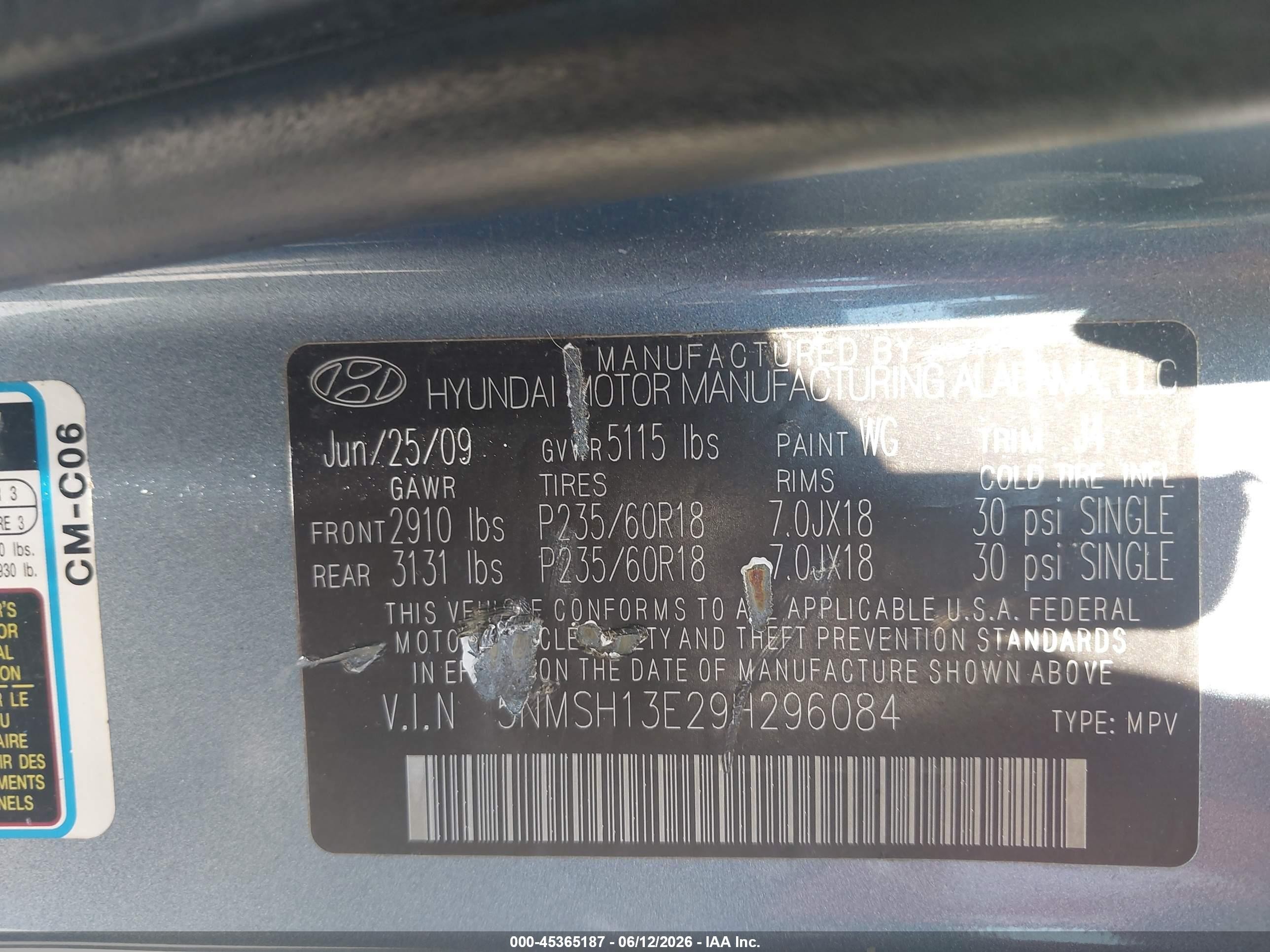 2009 Hyundai Santa Fe Se Light Blue vin: 5NMSH13E29H296084