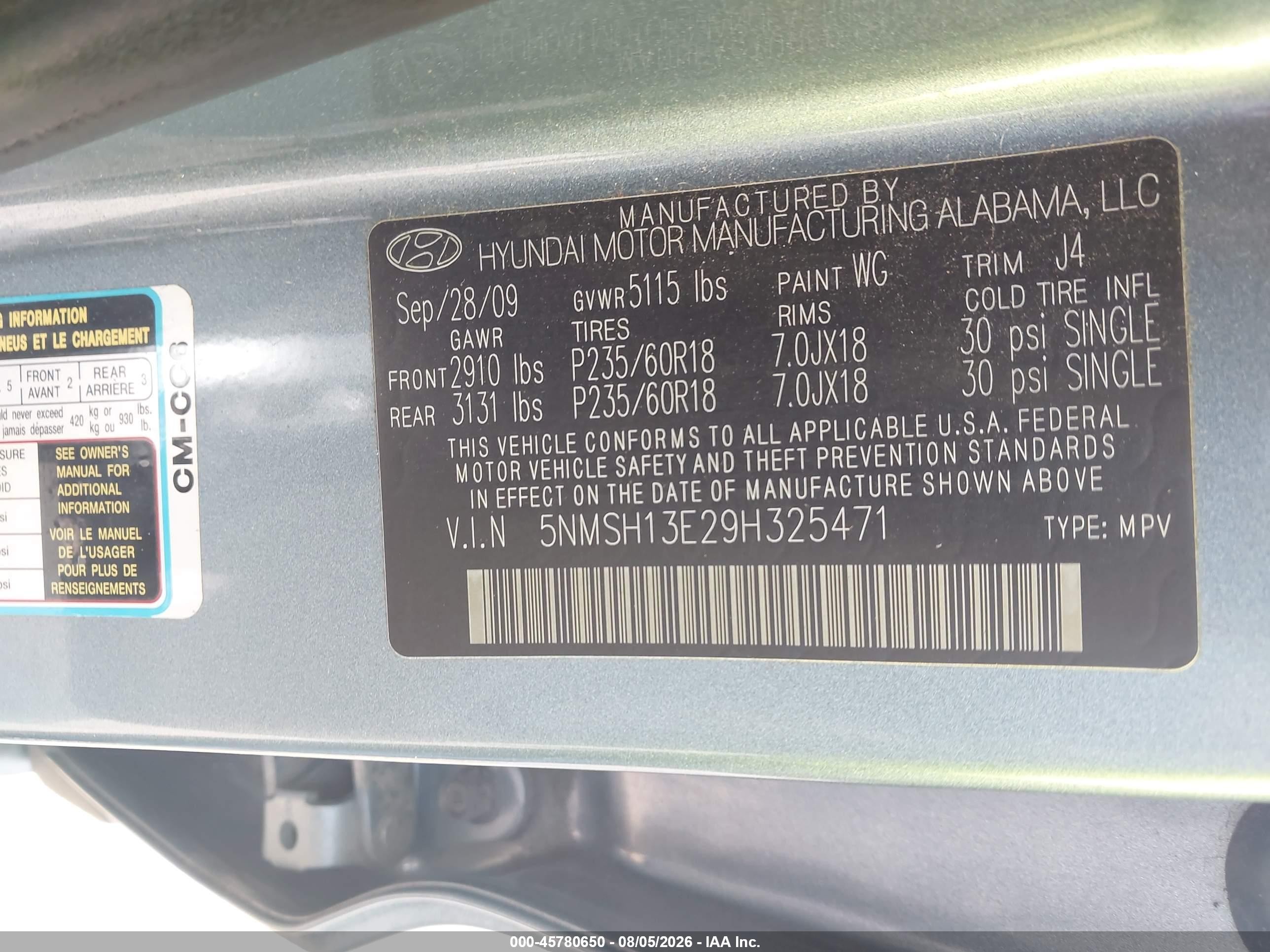 2009 Hyundai Santa Fe Se Синий vin: 5NMSH13E29H325471