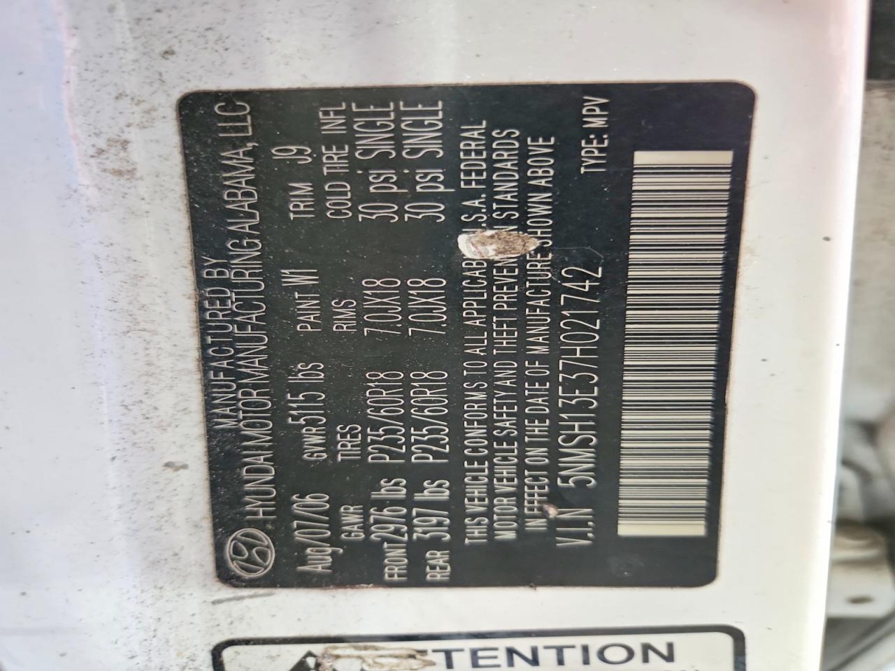 2007 Hyundai Santa Fe Se White vin: 5NMSH13E37H021742
