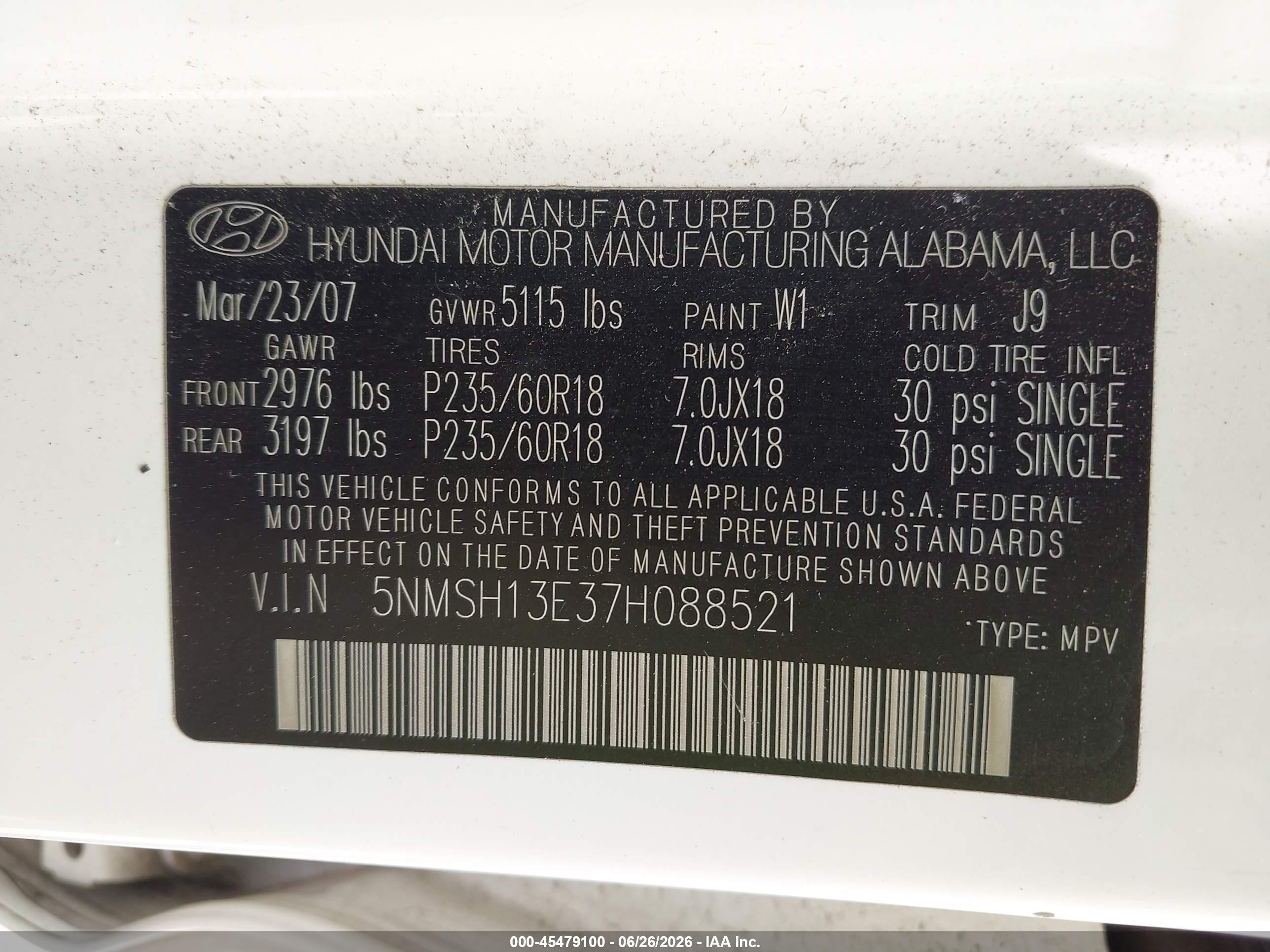 2007 Hyundai Santa Fe Limited/se Белый vin: 5NMSH13E37H088521