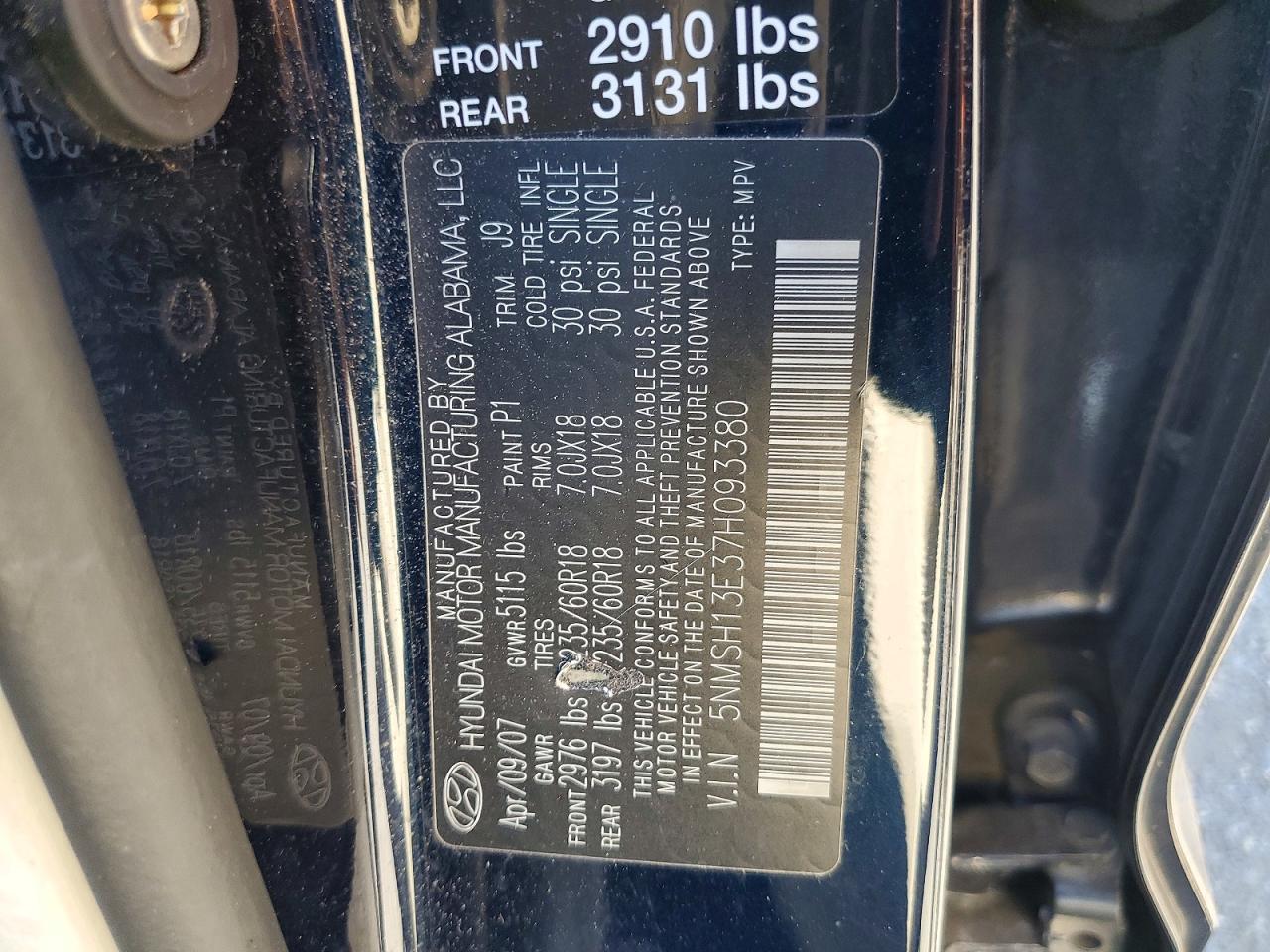2007 Hyundai Santa Fe Se Black vin: 5NMSH13E37H093380