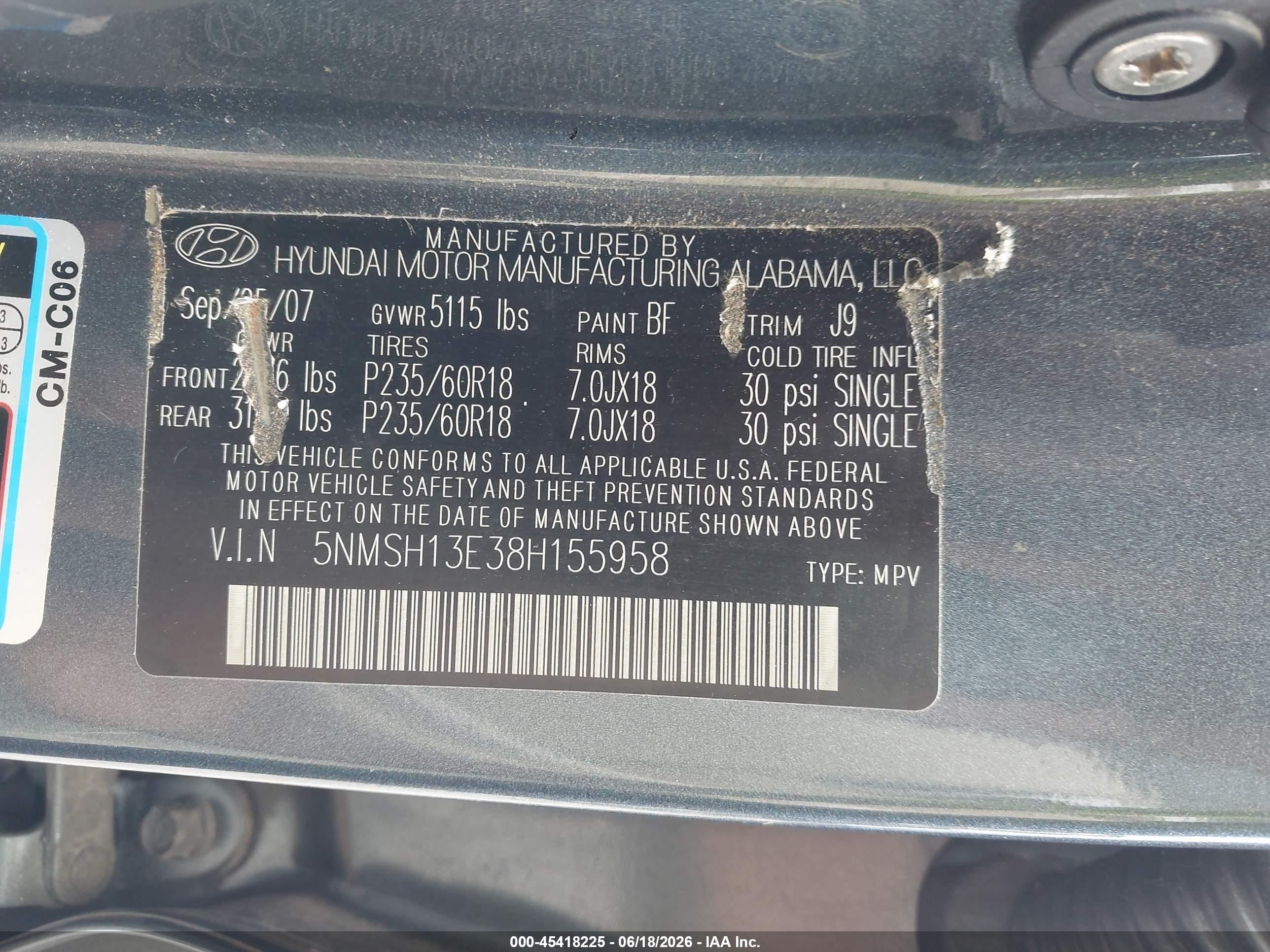 2008 Hyundai Santa Fe Limited/se Blue vin: 5NMSH13E38H155958