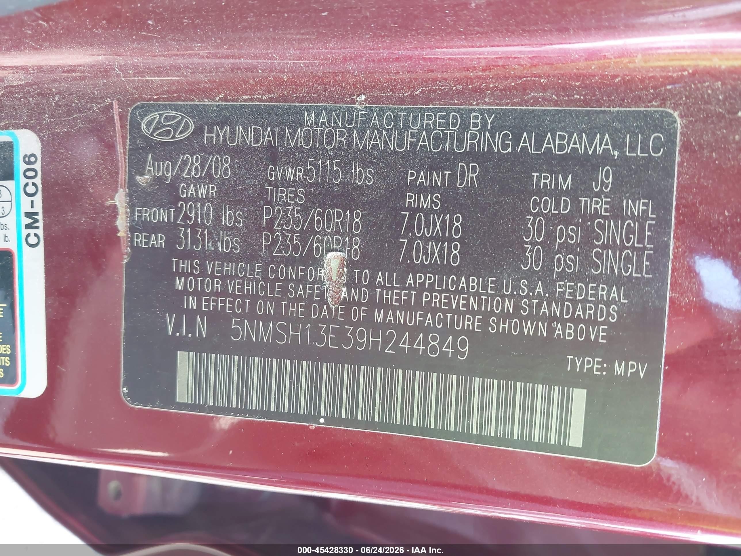 2009 Hyundai Santa Fe Limited Maroon vin: 5NMSH13E39H244849