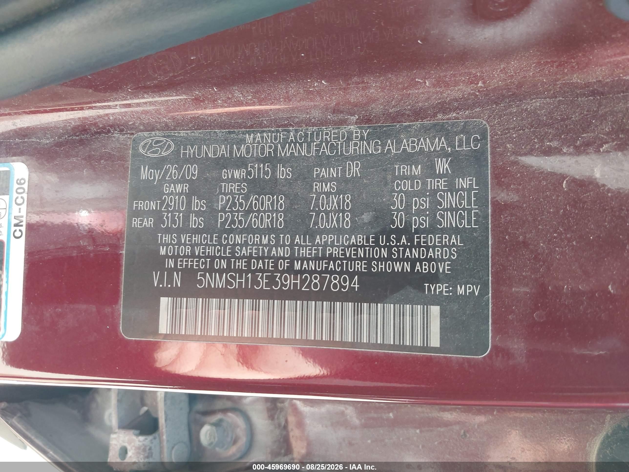 2009 Hyundai Santa Fe Limited Red vin: 5NMSH13E39H287894