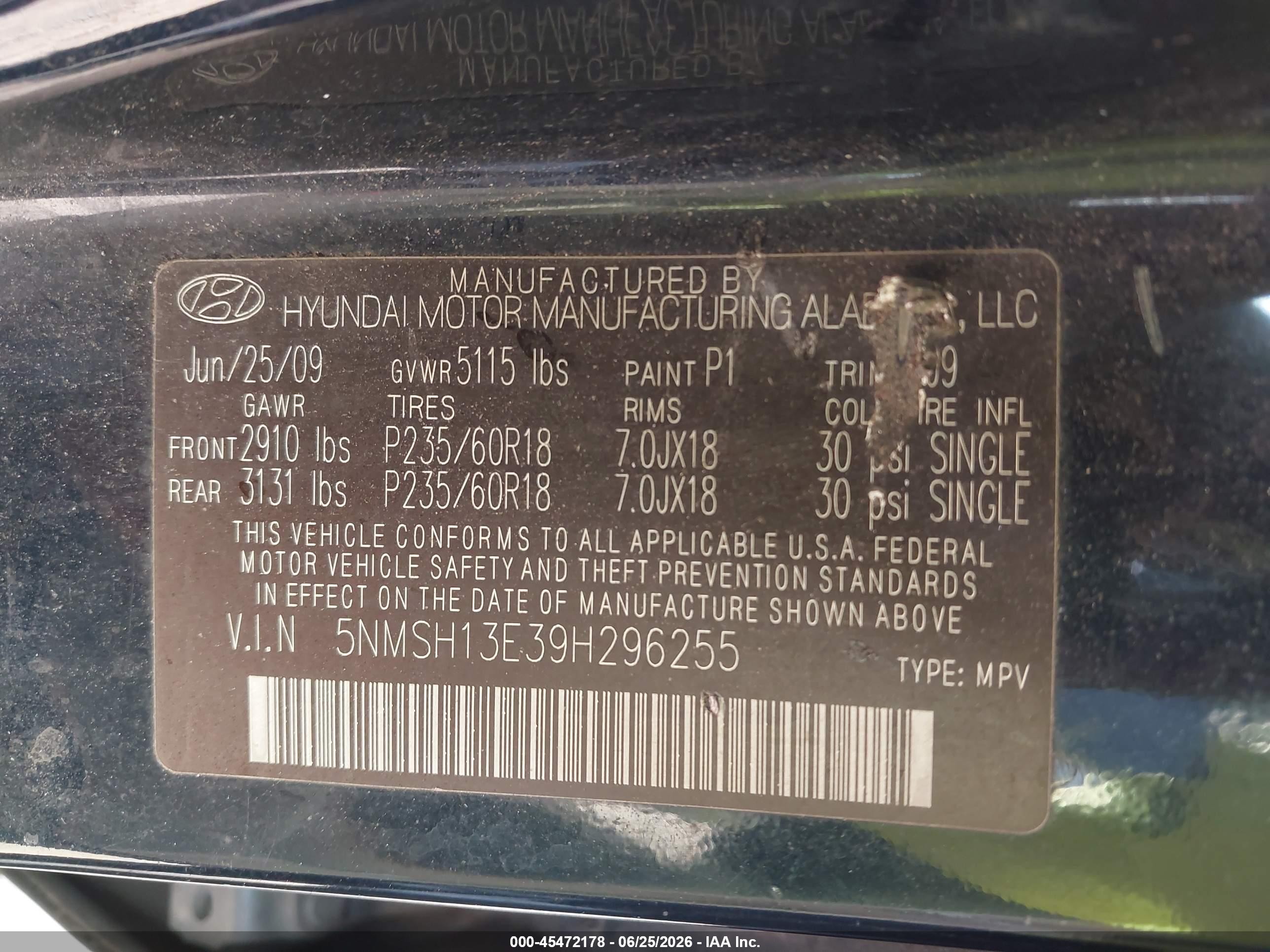 2009 Hyundai Santa Fe Limited Black vin: 5NMSH13E39H296255