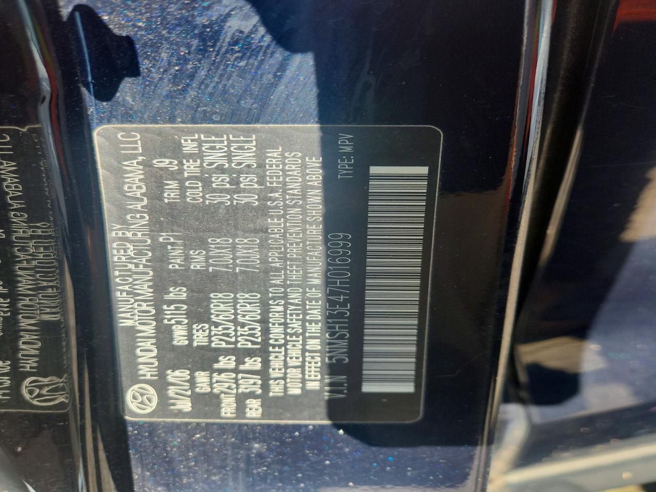 2007 Hyundai Santa Fe Se Blue vin: 5NMSH13E47H016999