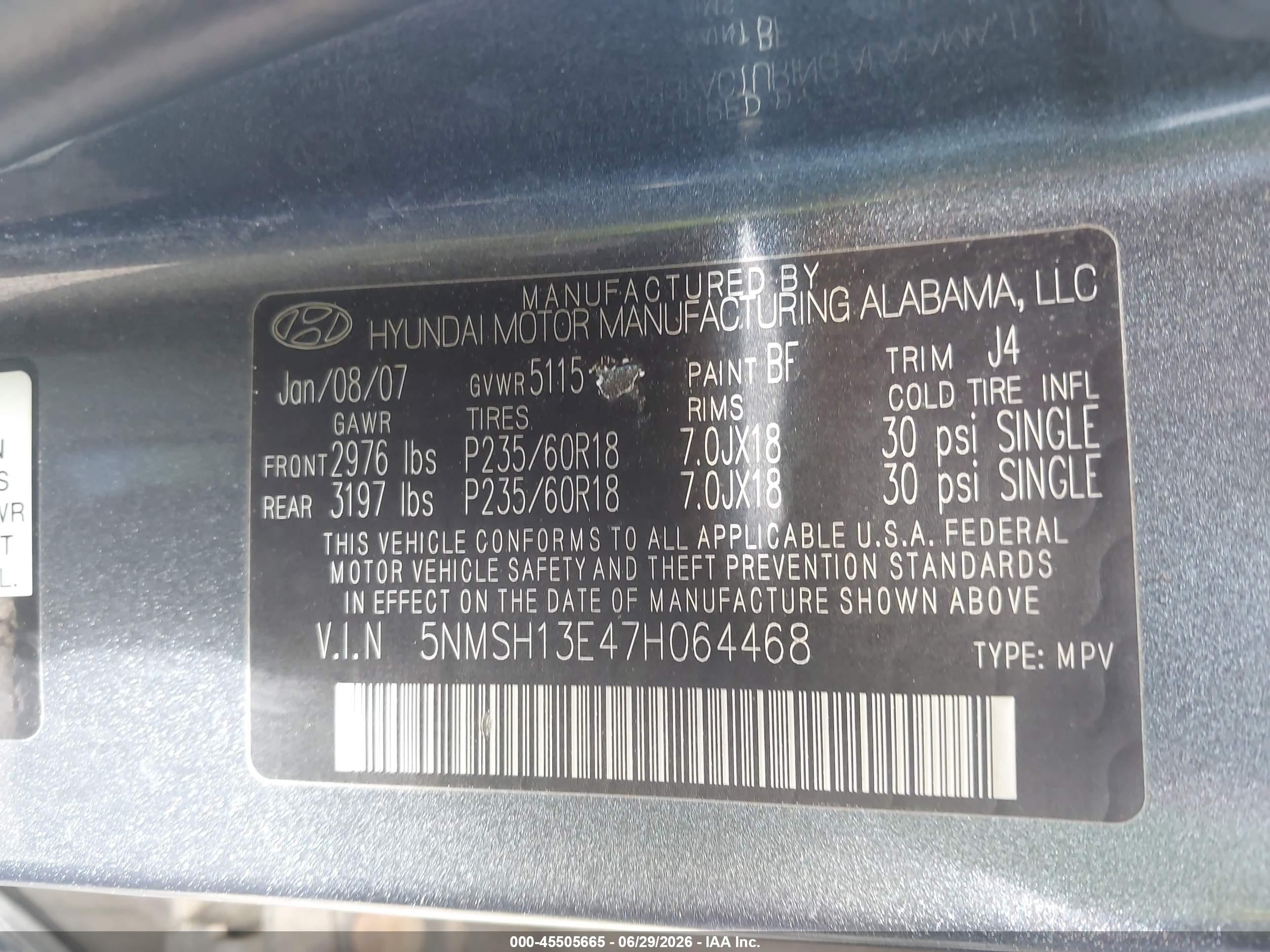 2007 Hyundai Santa Fe Limited/se Gray vin: 5NMSH13E47H064468