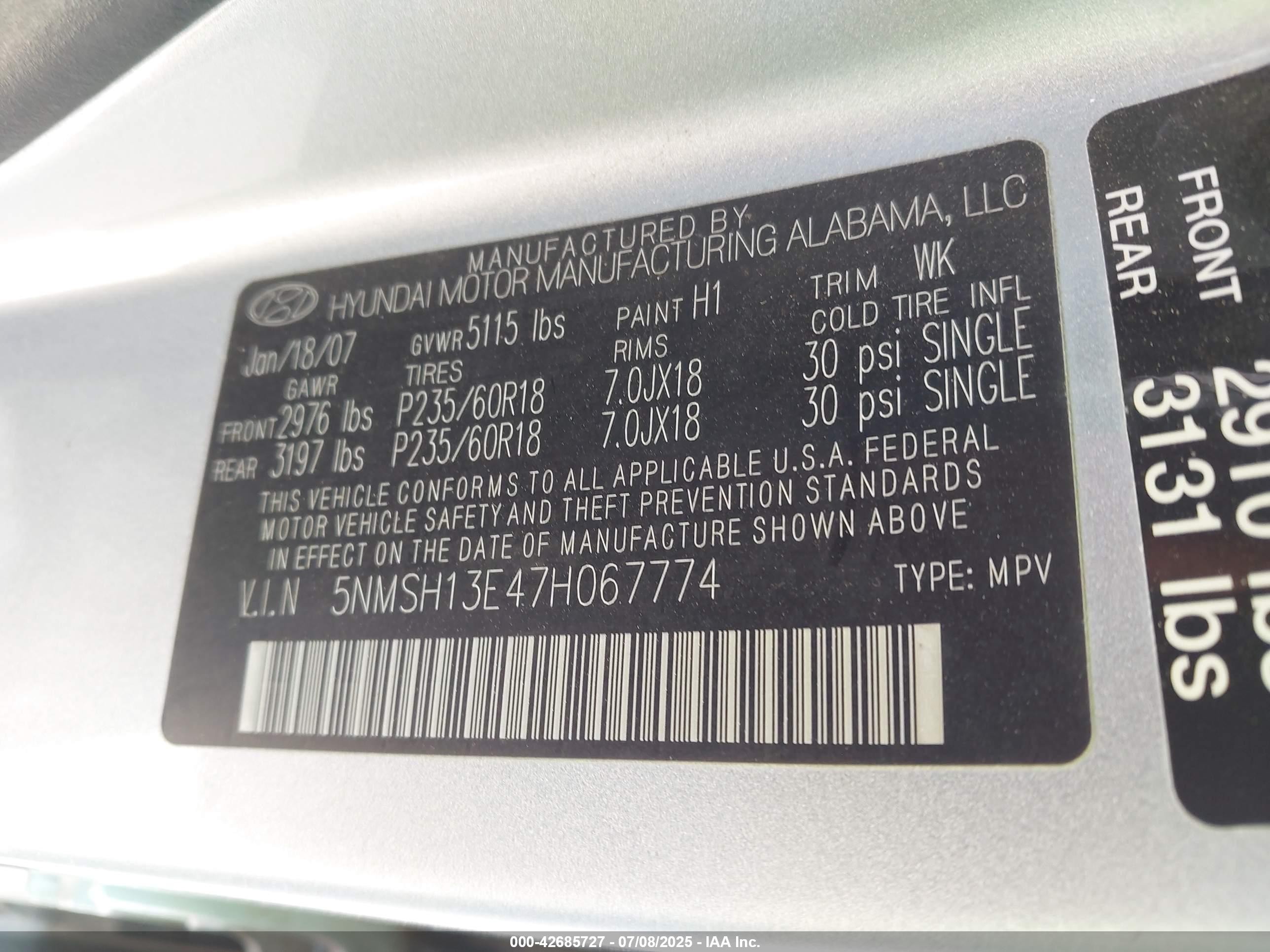 2007 Hyundai Santa Fe Limited/se Light Blue vin: 5NMSH13E47H067774