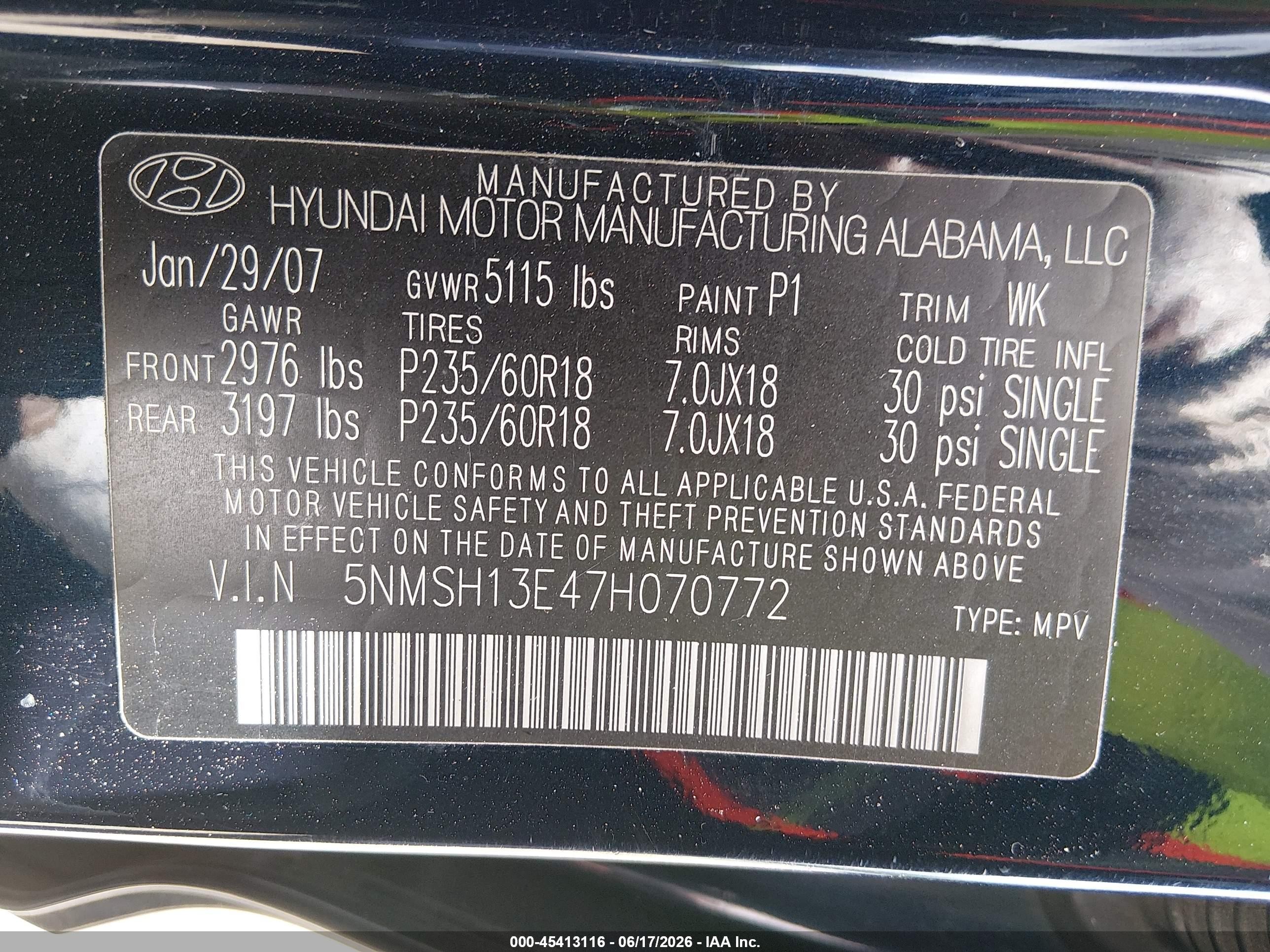 2007 Hyundai Santa Fe Limited/se Blue vin: 5NMSH13E47H070772