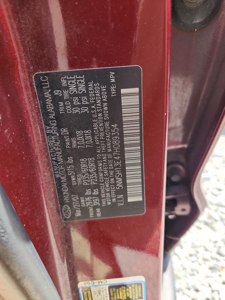 2007 Hyundai Santa Fe Se Burgundy vin: 5NMSH13E47H089354