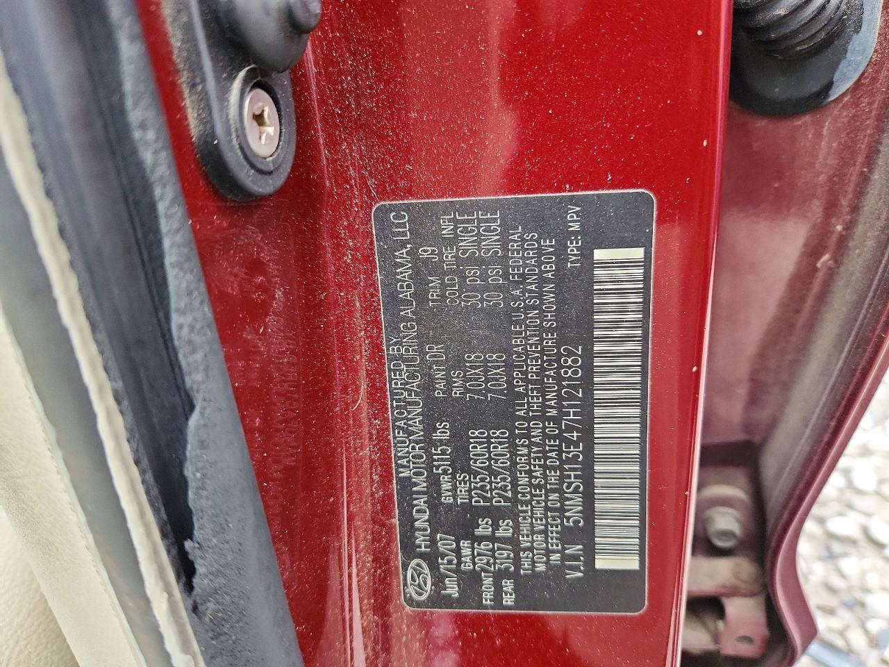 2007 Hyundai Santa Fe Se Burgundy vin: 5NMSH13E47H121882