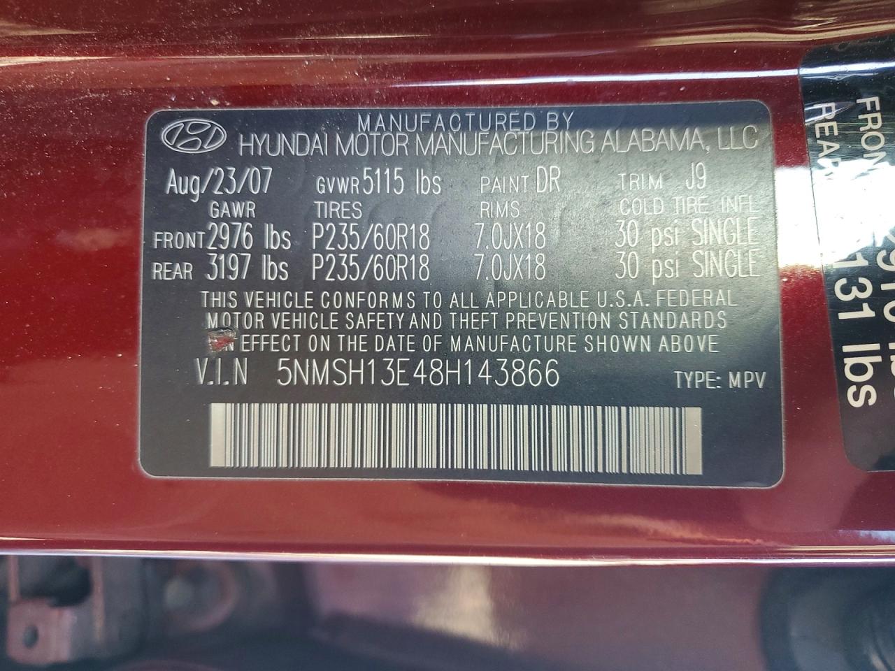 2008 Hyundai Santa Fe Se Burgundy vin: 5NMSH13E48H143866