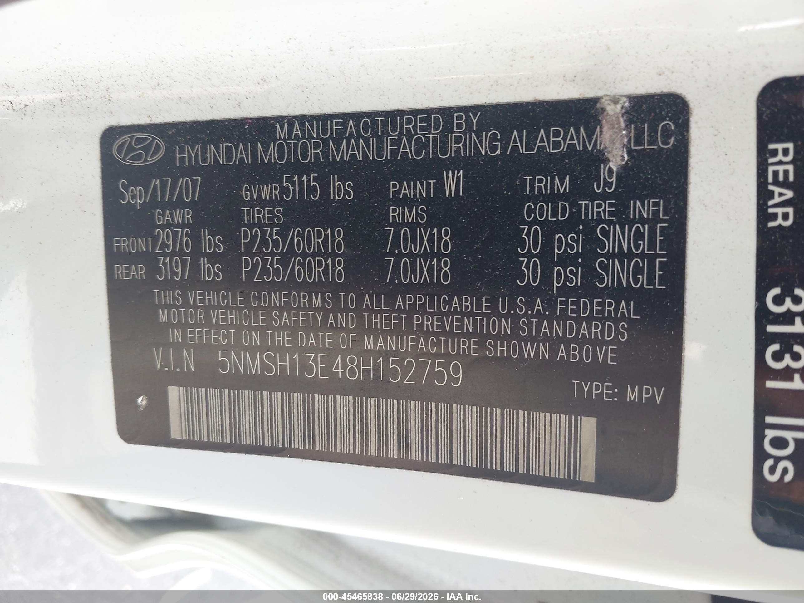 2008 Hyundai Santa Fe Limited/se Black vin: 5NMSH13E48H152759