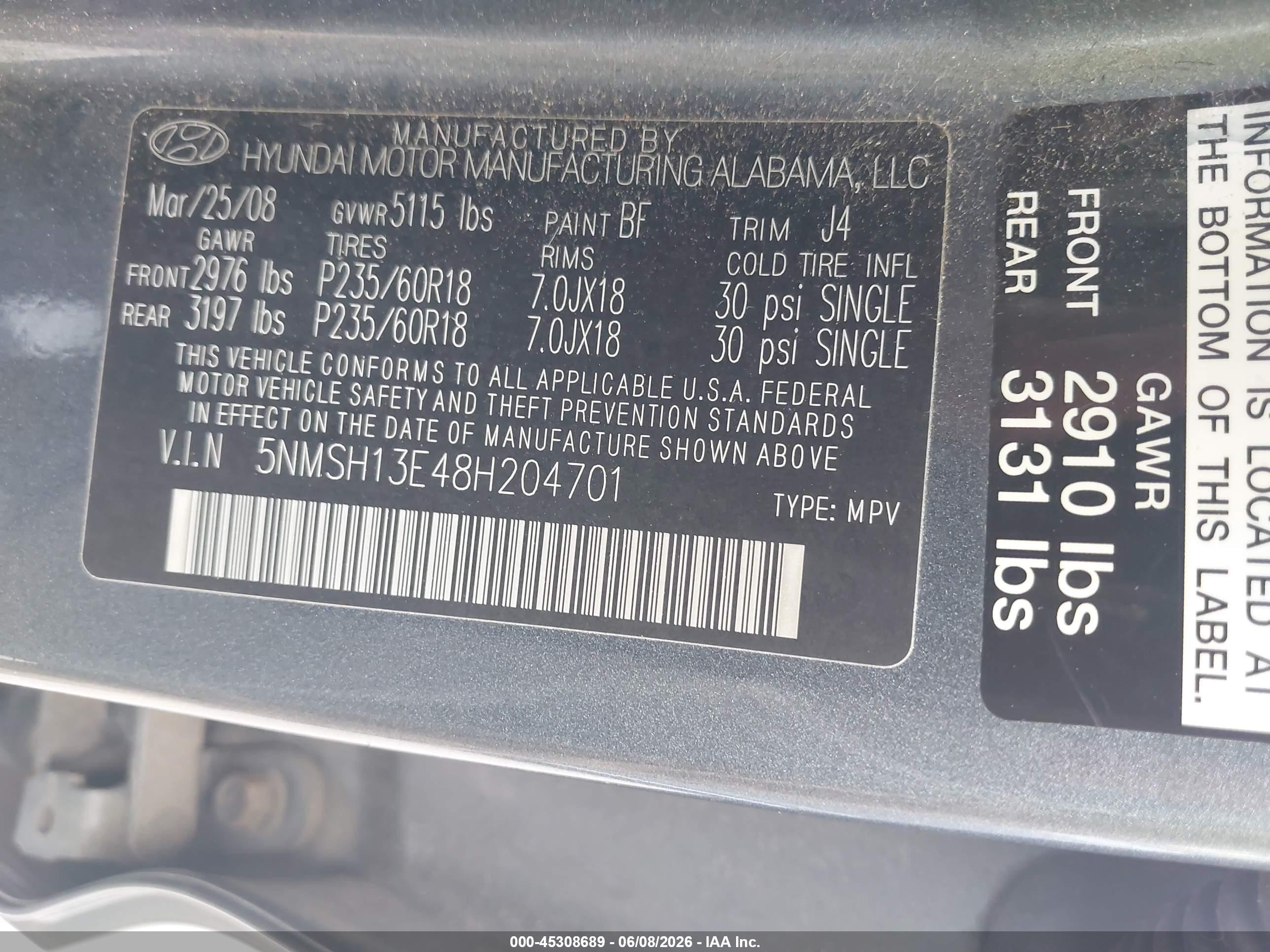 2008 Hyundai Santa Fe Limited/se Blue vin: 5NMSH13E48H204701