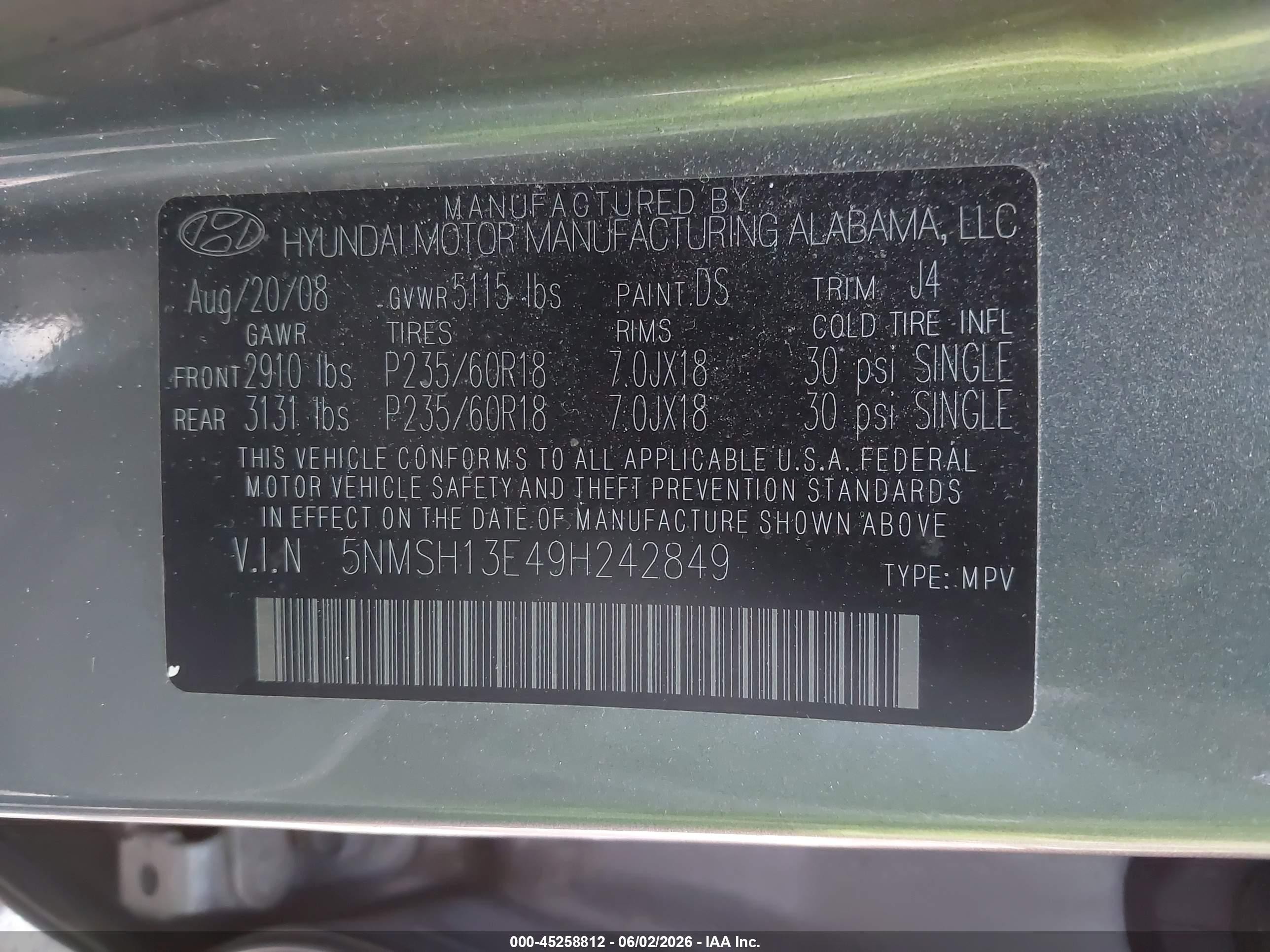 2009 Hyundai Santa Fe Se Gray vin: 5NMSH13E49H242849