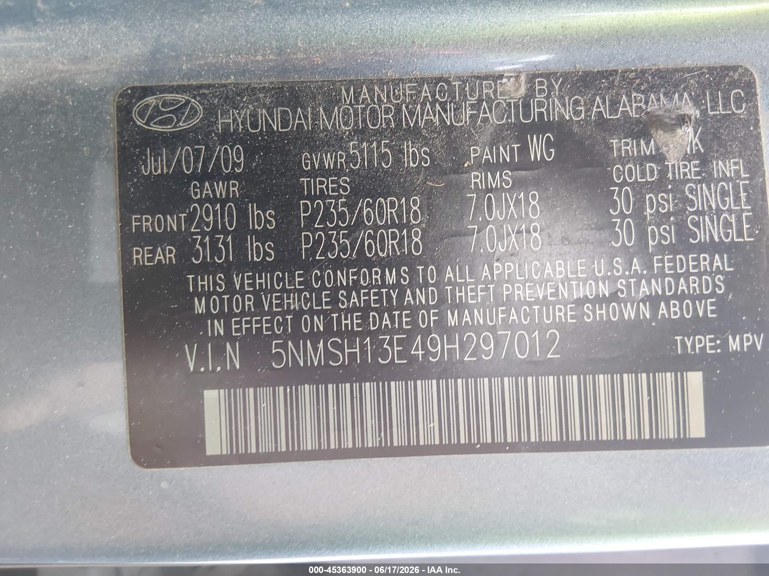 2009 Hyundai Santa Fe Limited Blue vin: 5NMSH13E49H297012