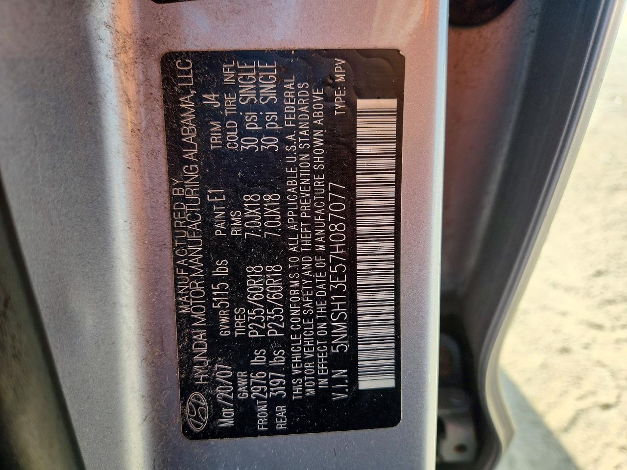 2007 Hyundai Santa Fe Se Серебряный vin: 5NMSH13E57H087077