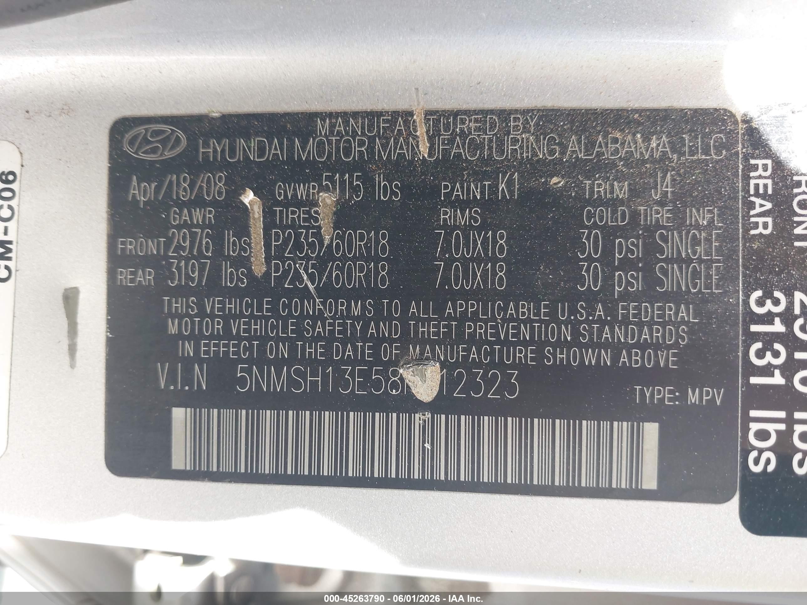 2008 Hyundai Santa Fe Limited/se Серебряный vin: 5NMSH13E58H212323