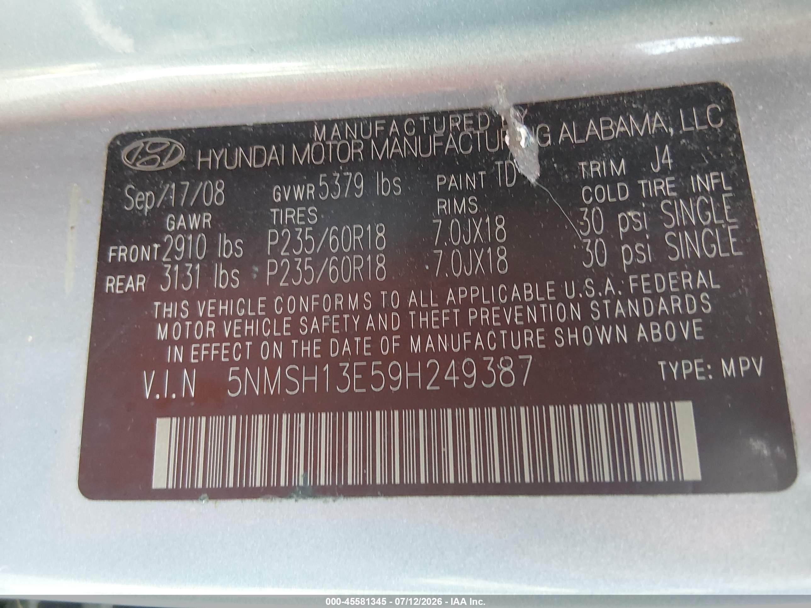 2009 Hyundai Santa Fe Se Gray vin: 5NMSH13E59H249387