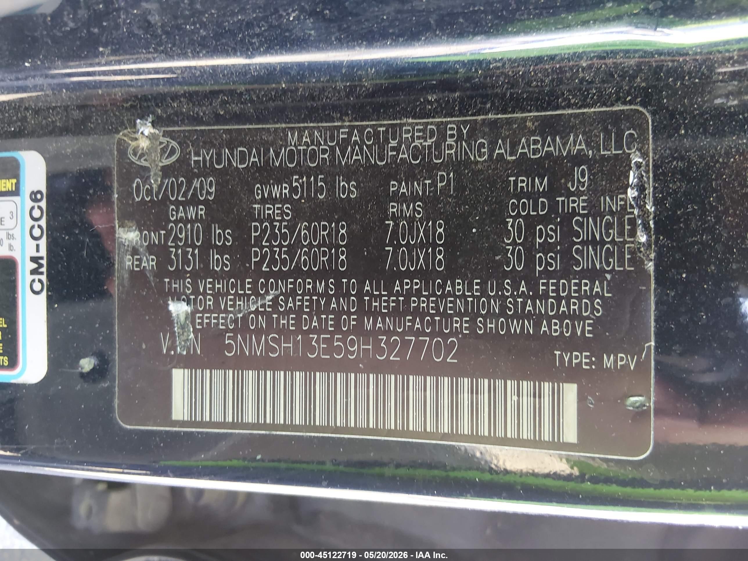 2009 Hyundai Santa Fe Limited Blue vin: 5NMSH13E59H327702