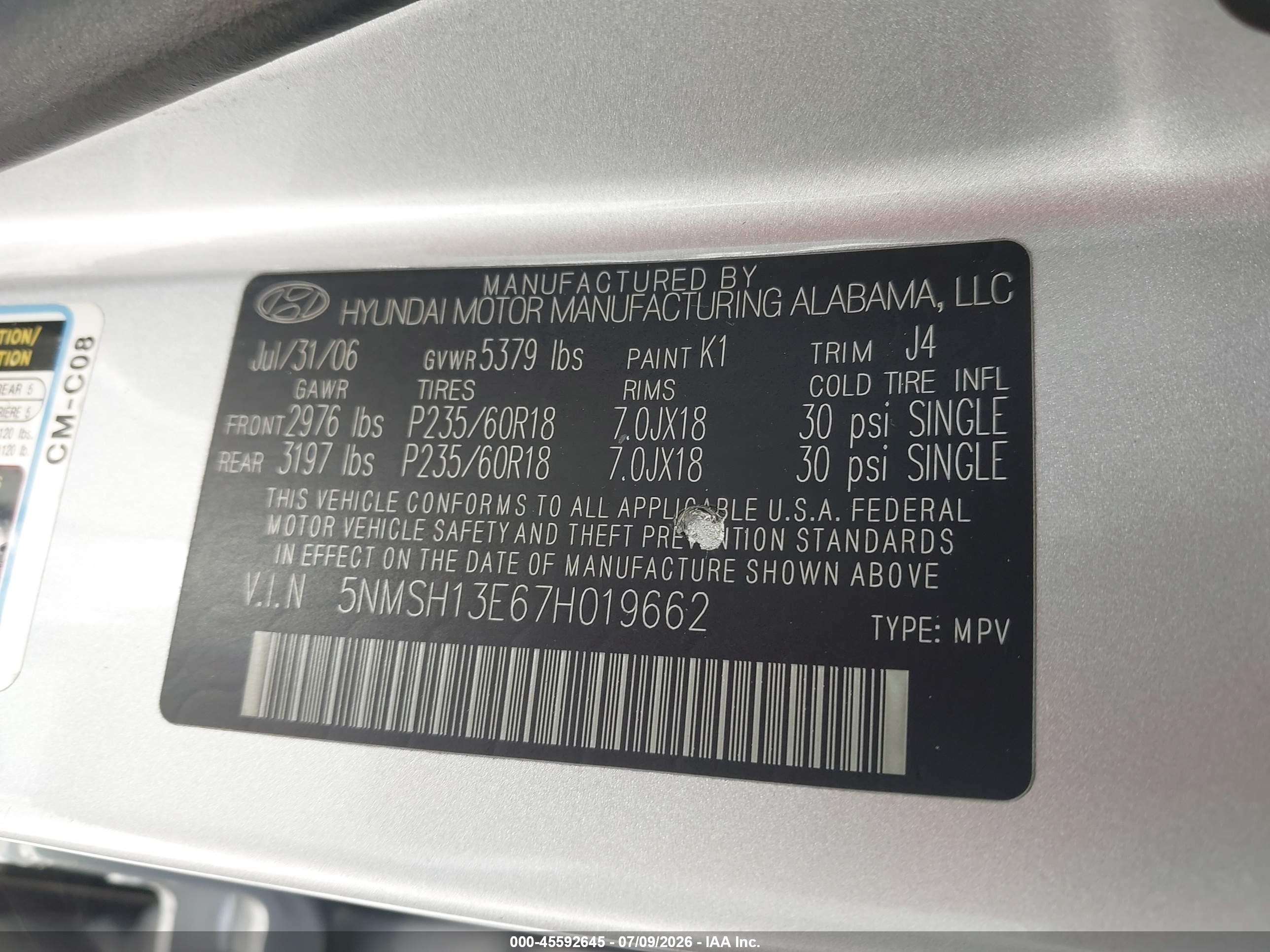 2007 Hyundai Santa Fe Limited/se Silver vin: 5NMSH13E67H019662