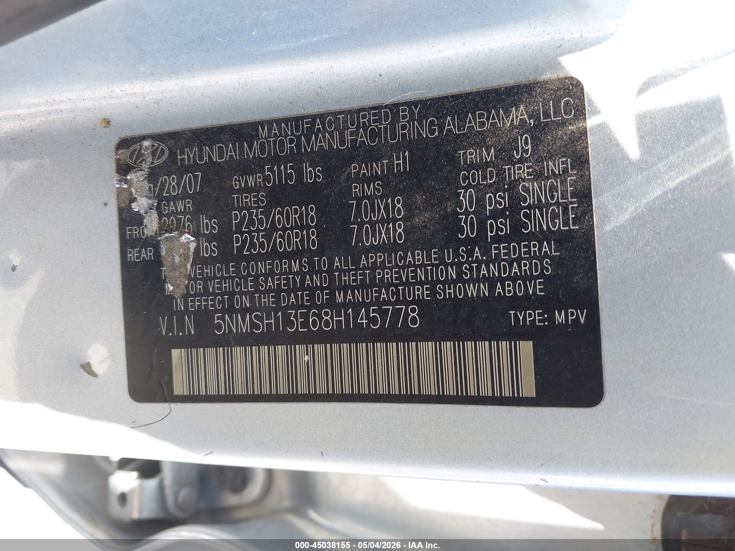 2008 Hyundai Santa Fe Limited/se Silver vin: 5NMSH13E68H145778
