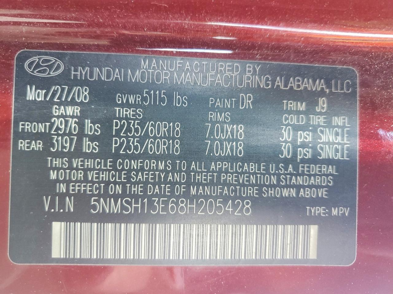 2008 Hyundai Santa Fe Se Maroon vin: 5NMSH13E68H205428