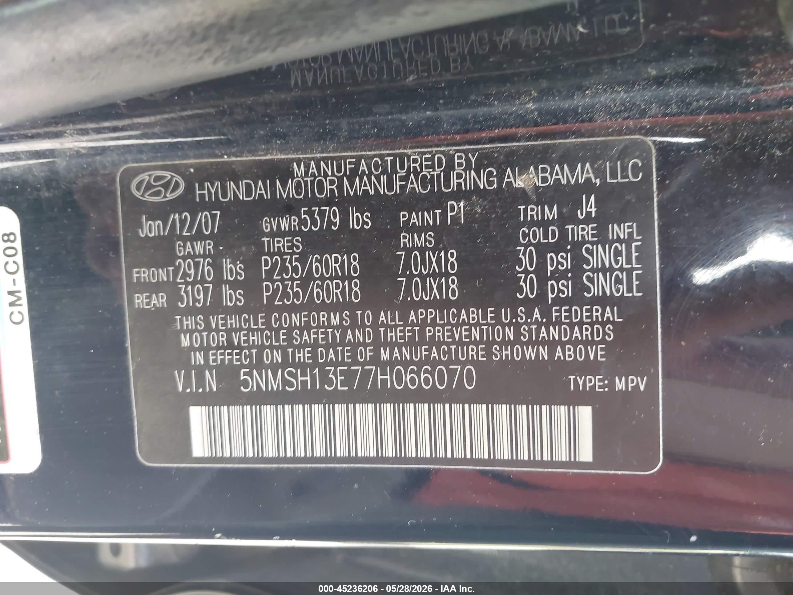 2007 Hyundai Santa Fe Limited/se Blue vin: 5NMSH13E77H066070