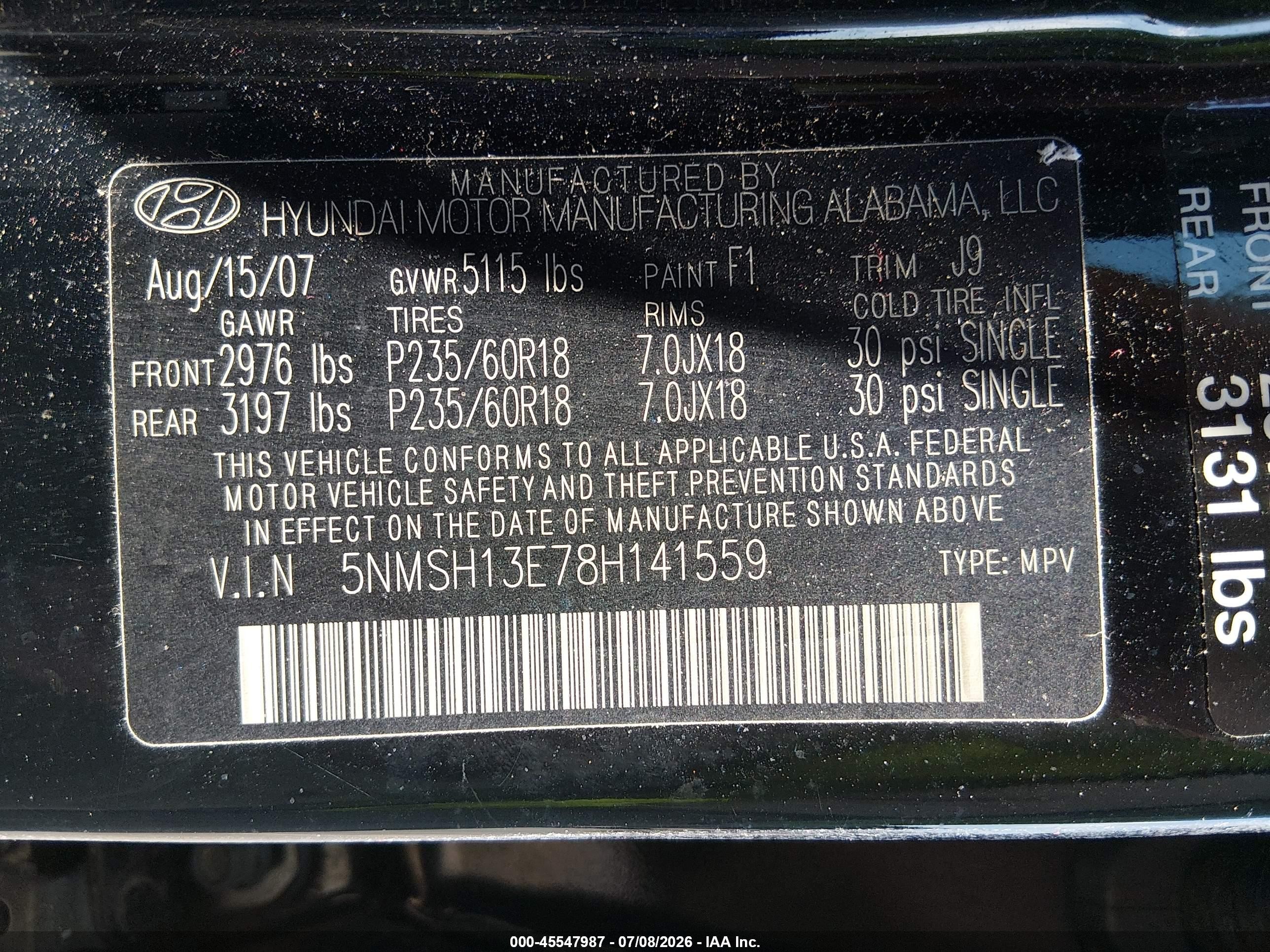 2008 Hyundai Santa Fe Limited/se Черный vin: 5NMSH13E78H141559