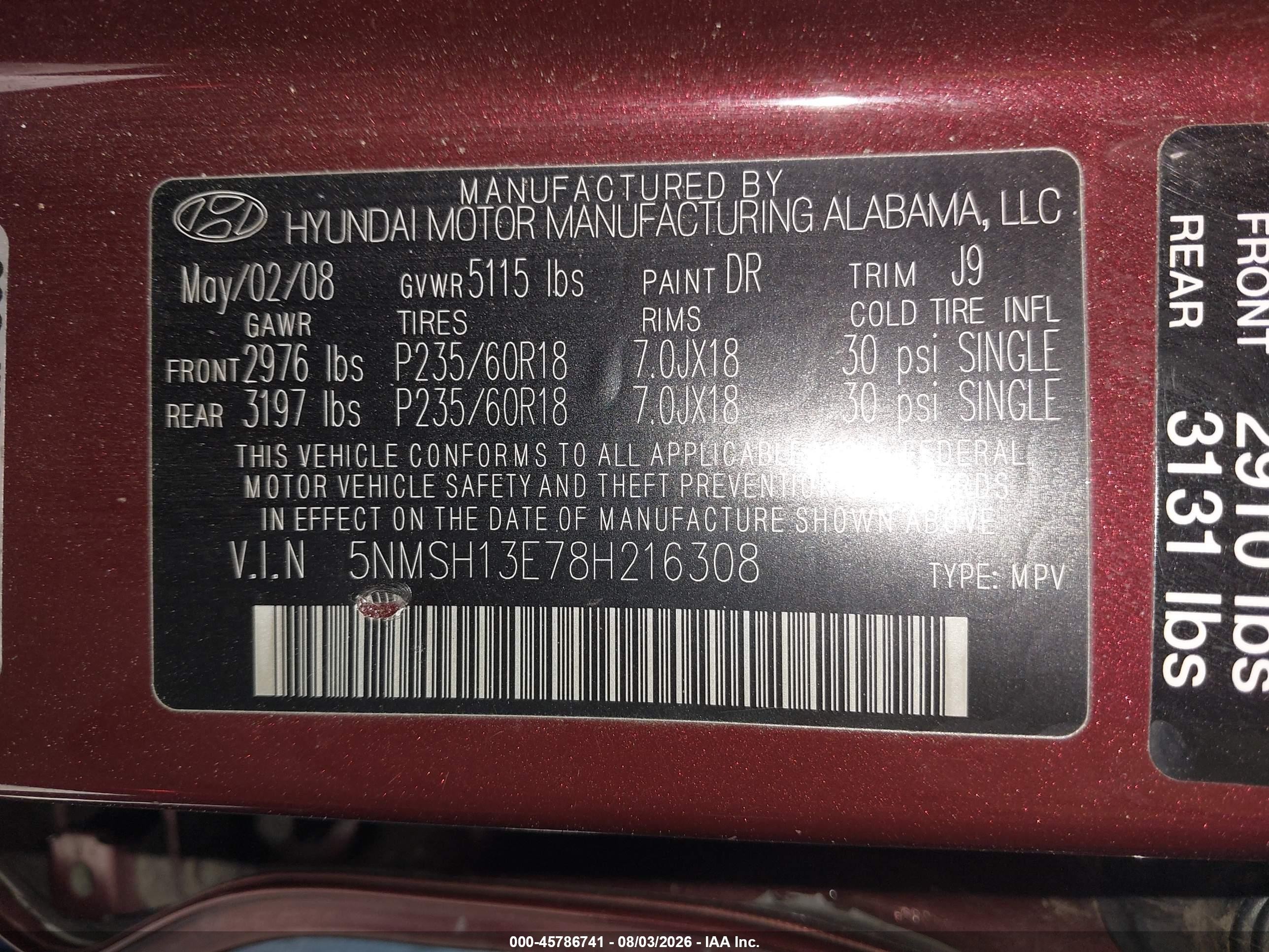 2008 Hyundai Santa Fe Limited/se Red vin: 5NMSH13E78H216308