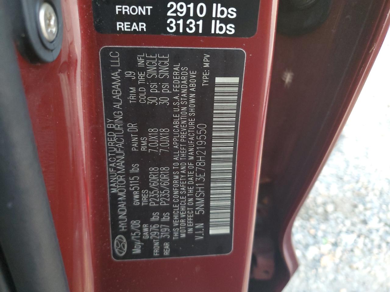 2008 Hyundai Santa Fe Se Maroon vin: 5NMSH13E78H219550