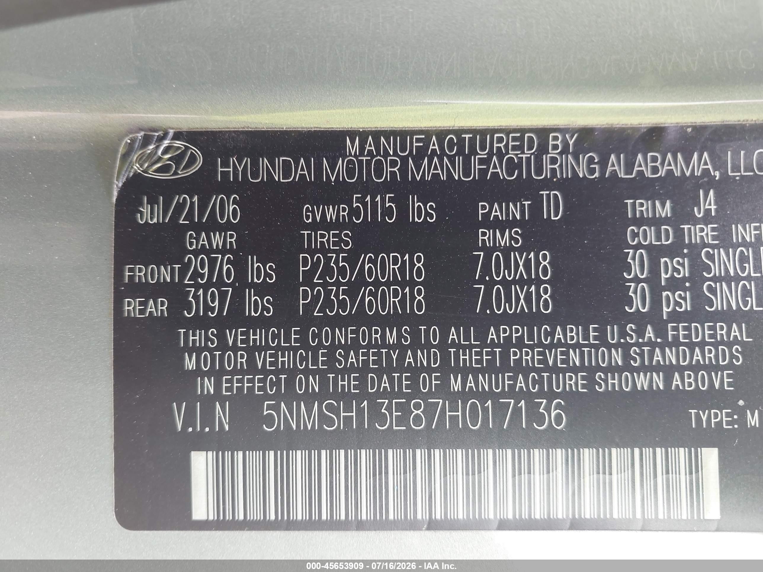 2007 Hyundai Santa Fe Limited/se Gray vin: 5NMSH13E87H017136